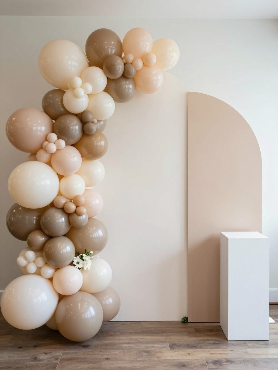 Image Prompt:
A single realistic editorial-style photo of a modern balloon backdrop with layered curved panels in cream, beige, and soft blush, an organic balloon garland flowing asymmetrically from the top left down to the floor, mixed balloon sizes in ivory, champagne, blush, and taupe, low white plinths in front, small floral accents at the base, clean indoor party venue, no people, no faces, soft natural daylight, realistic DSLR event photography, no text, no watermark.