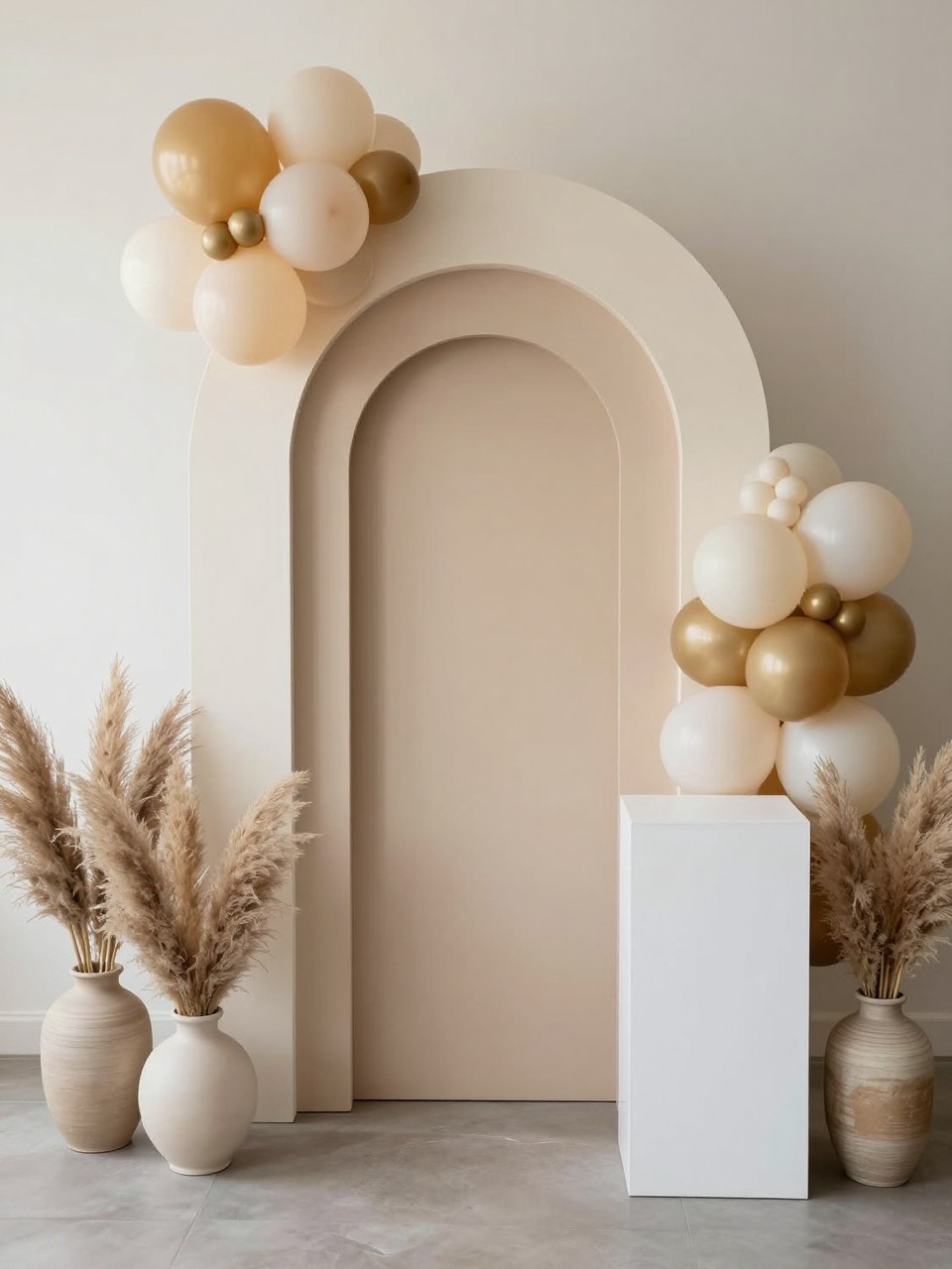 Image Prompt:
A single realistic editorial photo of a modern farewell party backdrop with layered arched panels in cream, taupe, and beige, soft balloon accents in ivory and muted gold, dried pampas grass in ceramic vases, white plinths, and a clean indoor event space, no people, no faces, soft natural light, realistic event styling, no text, no watermark.