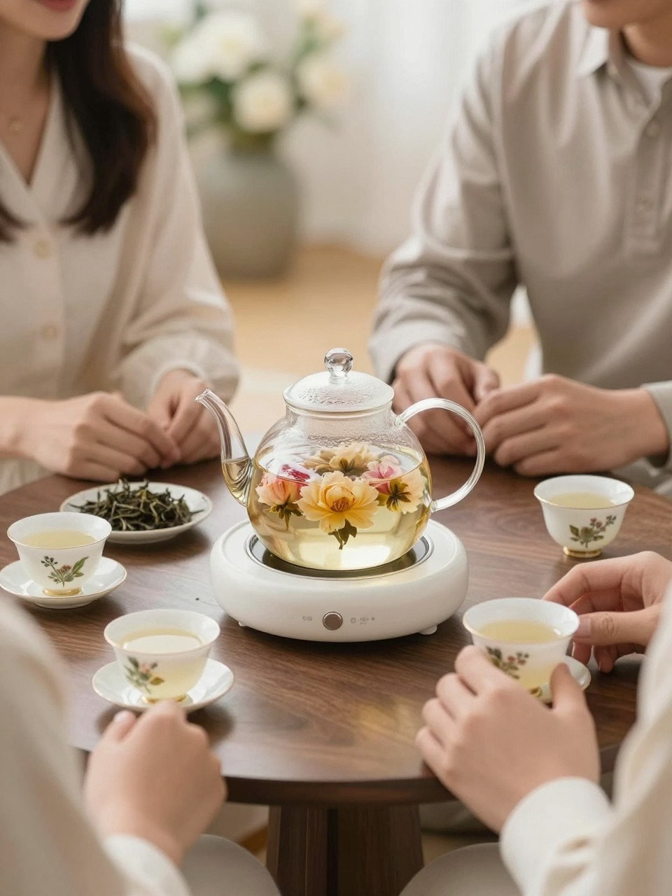 A realistic editorial photo of an intimate gender reveal tea table, glass teapot, blooming tea flowers opening in hot water, elegant cups, soft florals, parents and close loved ones gathered around a low table, warm daylight, peaceful refined atmosphere, realistic lifestyle photography