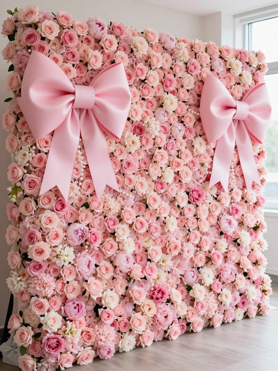 Image Prompt:
A single realistic photo of a pretty flower backdrop with a full pink floral wall made of blush roses, soft pink peonies, pale pink hydrangeas, and ivory flowers, oversized satin bows placed neatly along one side, pearl accents, bright indoor event setting, no people, no faces, soft natural lighting, realistic editorial party photography, no text, no watermark.