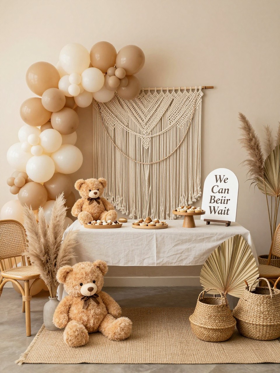 Image Prompt:
A realistic single-image boho “We Can Bearly Wait” baby shower setup, macrame wall hanging behind a dessert table, cream and sand balloon garland, plush teddy bears, pampas grass, rattan chairs, woven baskets, dried palm leaves, wooden cake stand, sign reading “We Can Bearly Wait,” warm beige indoor venue, no people, no faces, editorial boho baby shower photography, soft natural light, realistic textures, no watermarks on images