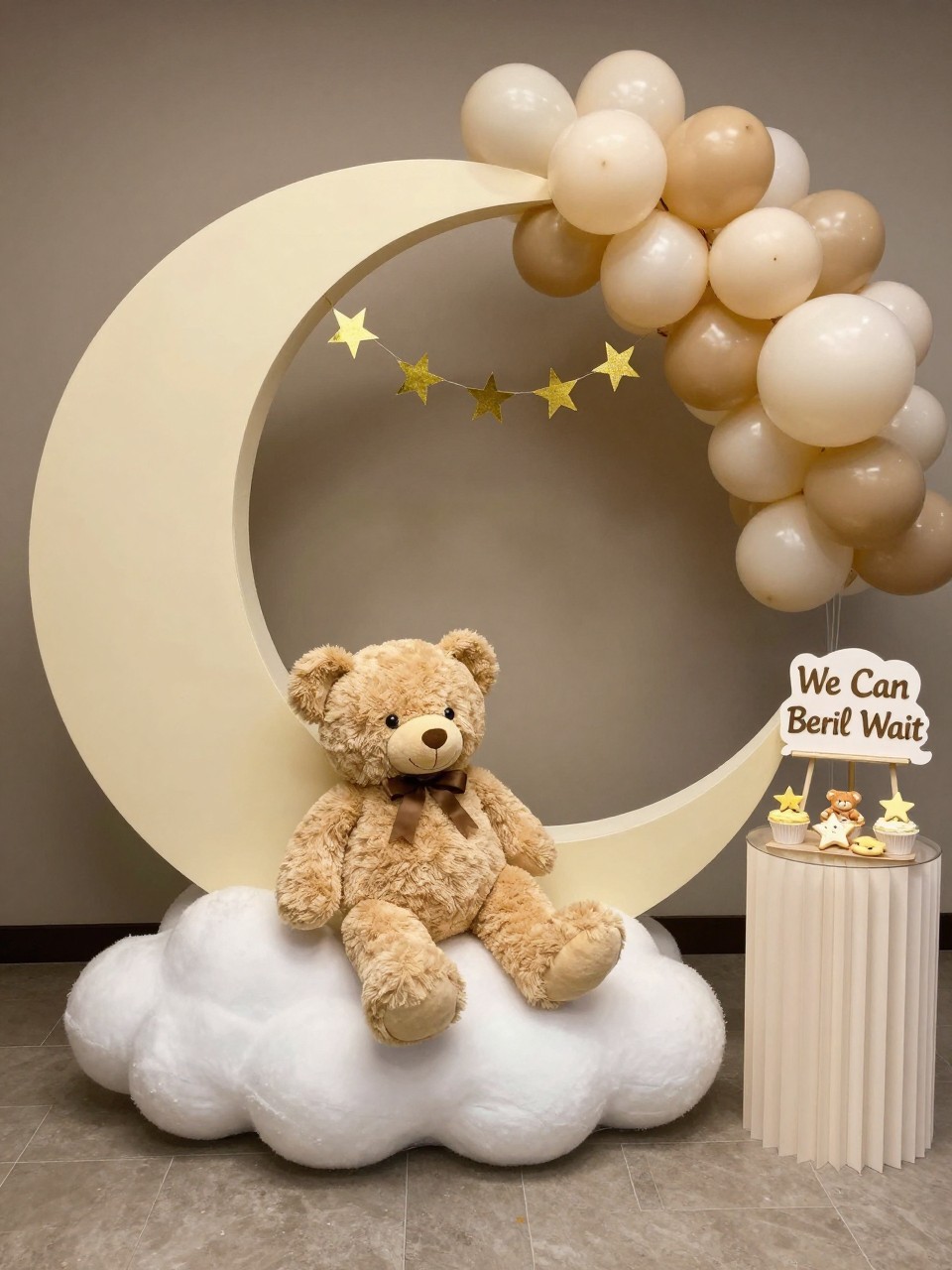 Image Prompt:
A realistic single-image moon and stars “We Can Bearly Wait” baby shower setup, crescent moon backdrop in soft cream, plush teddy bear sitting on a cloud-shaped platform, gold star garlands, ivory and beige balloon clusters, small dessert table with star cookies and teddy bear cupcakes, sign reading “We Can Bearly Wait,” dreamy indoor party setting, no people, no faces, soft warm lighting, editorial baby shower decor photography, realistic textures, no watermarks on images