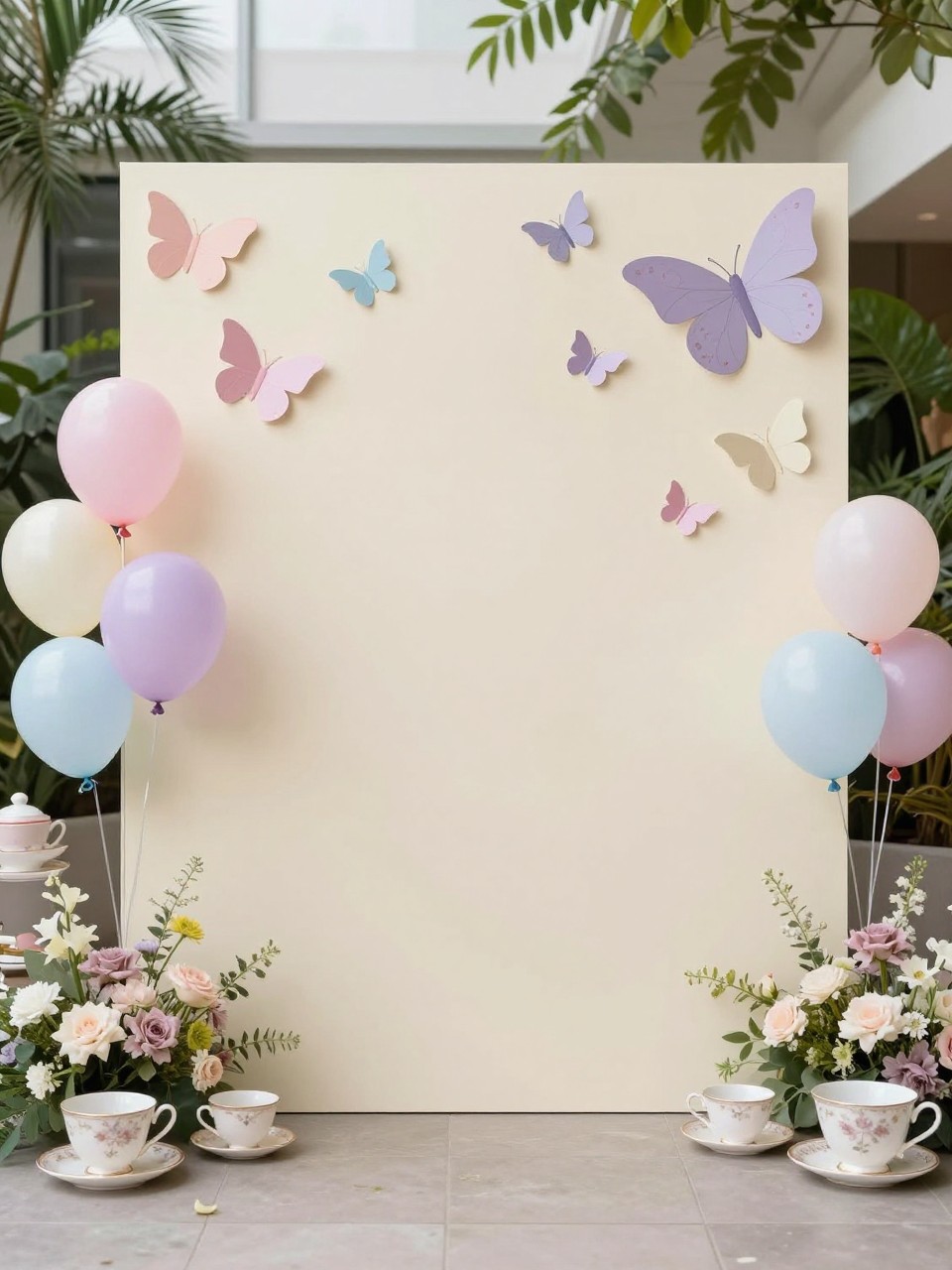 Image Prompt:
A single realistic photo of a whimsical tea party backdrop with a pale cream panel, delicate butterfly cutouts in blush, lavender, soft blue, and ivory arranged in a floating pattern, pastel balloons, teacup props, floral garlands, bright indoor garden-style setting, no people, no faces, soft daylight, realistic editorial event photography, no text, no watermark.