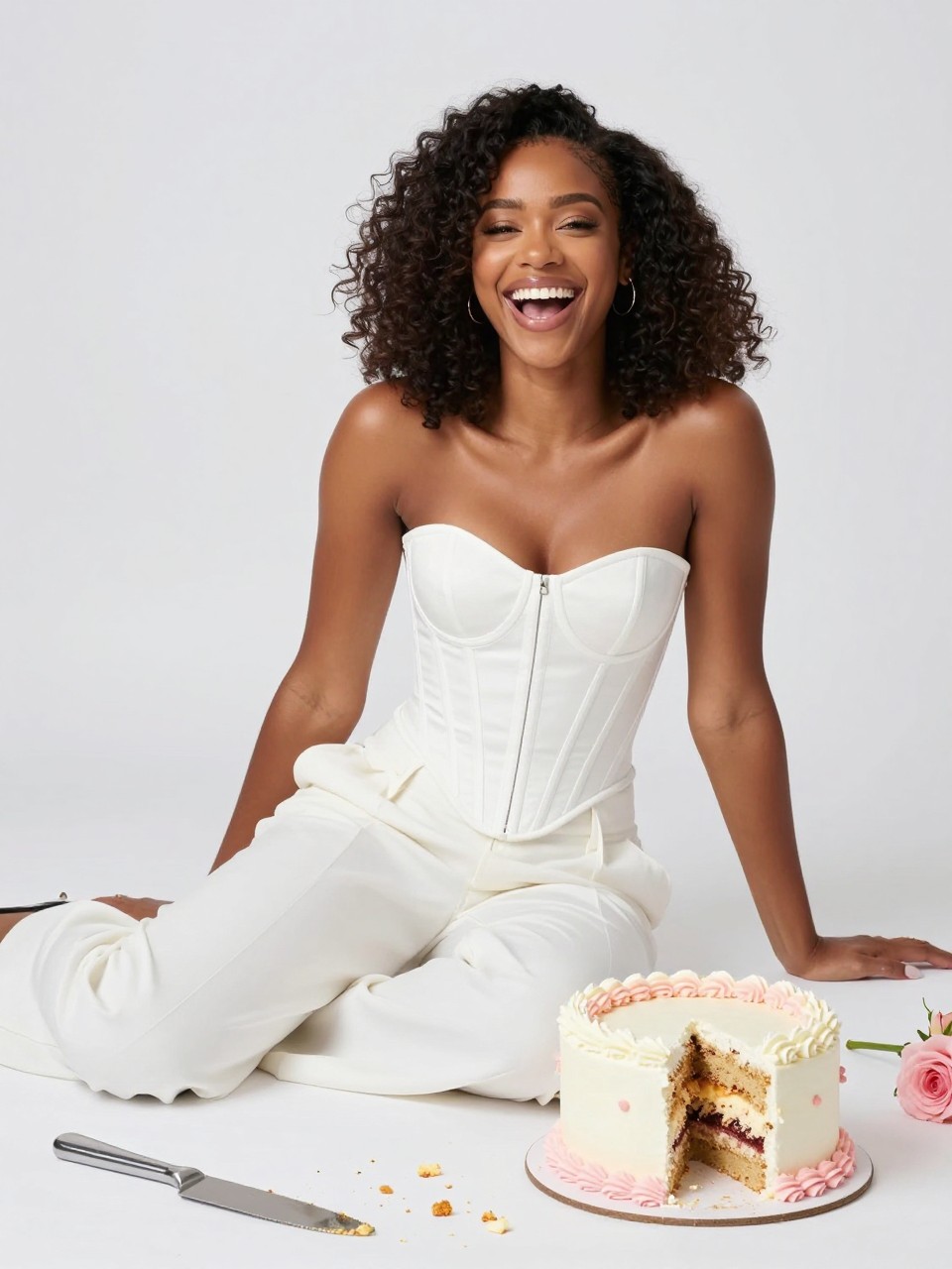 Image Prompt:
A realistic chic birthday studio photoshoot of a Black woman seated on the floor in front of a clean white backdrop, wearing a fitted white corset-style top with wide-leg white trousers. A small pastel birthday cake sits beside her with a neat slice cut out, frosting lightly on her fingertip. She is laughing naturally with full face visible. The floor has a few cake crumbs, a silver cake knife, and soft pink flowers nearby. Bright studio lighting, stylish adult cake smash concept, elegant and playful, vertical image.