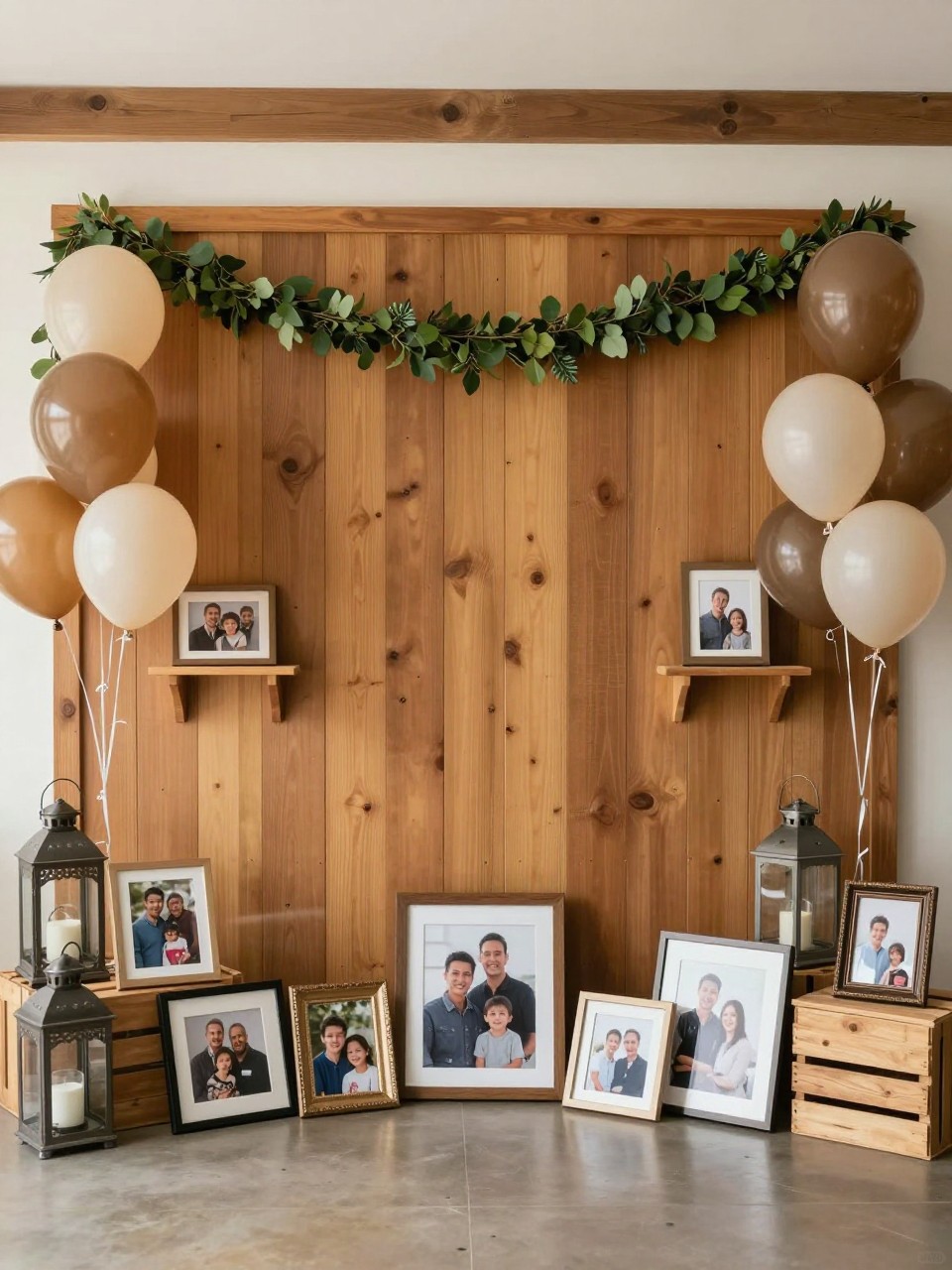 Image Prompt:
A single realistic photo of a heartfelt Father’s Day backdrop with a warm wooden panel wall, neatly arranged framed family photos at the base and on small shelves, greenery garland, neutral balloon clusters in beige and brown, lanterns, wooden crates, cozy indoor family gathering setting, no people, no faces, warm natural lighting, realistic lifestyle event photography, no readable text, no watermark.