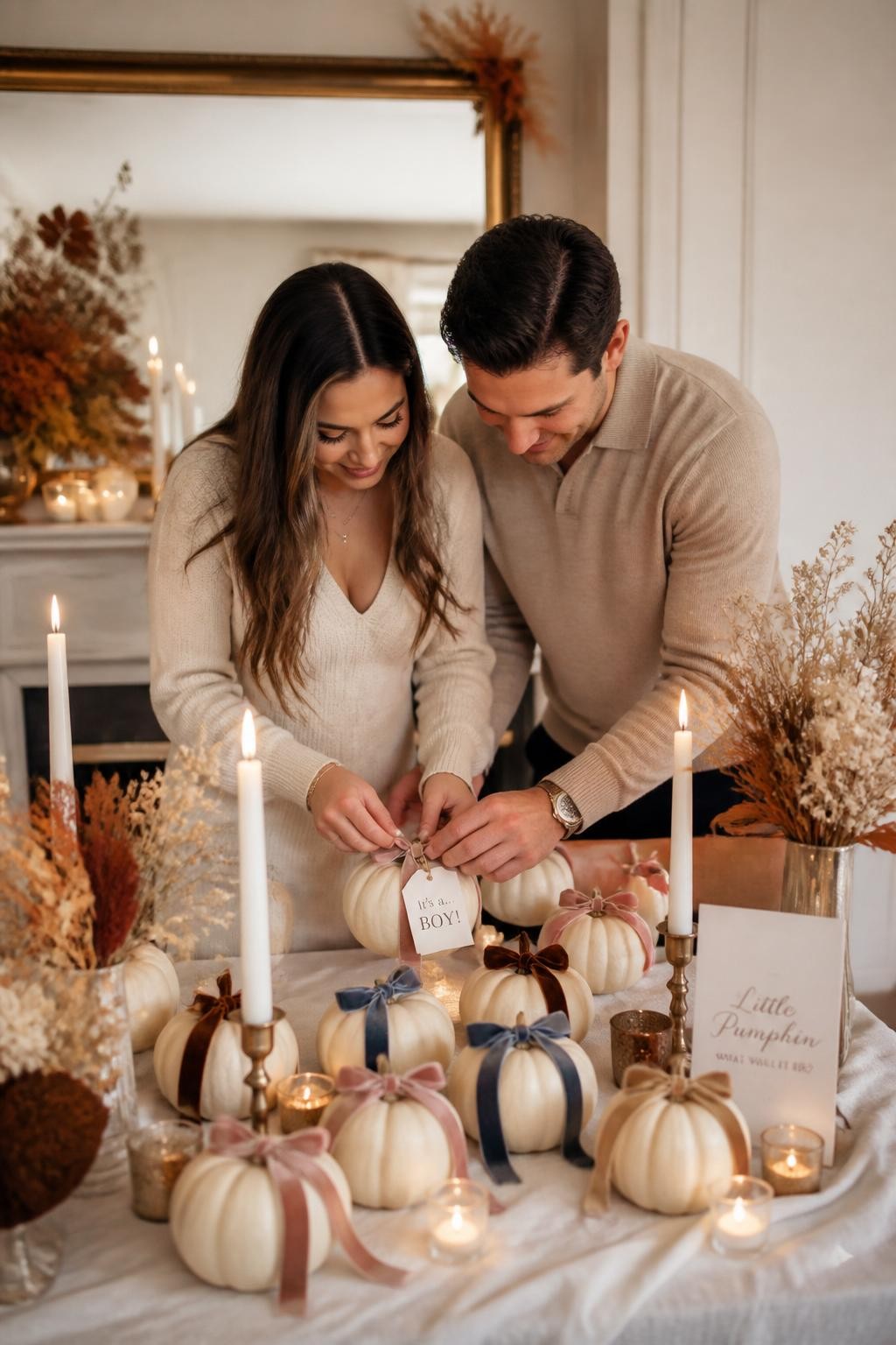 A realistic editorial photo of a refined fall gender reveal table with small neutral pumpkins wrapped in velvet ribbons, cream candles, dried flowers, linen runner, parents untying one special pumpkin ribbon to reveal a hidden baby message tag underneath, warm autumn indoor lighting, elegant party styling, vertical DSLR image