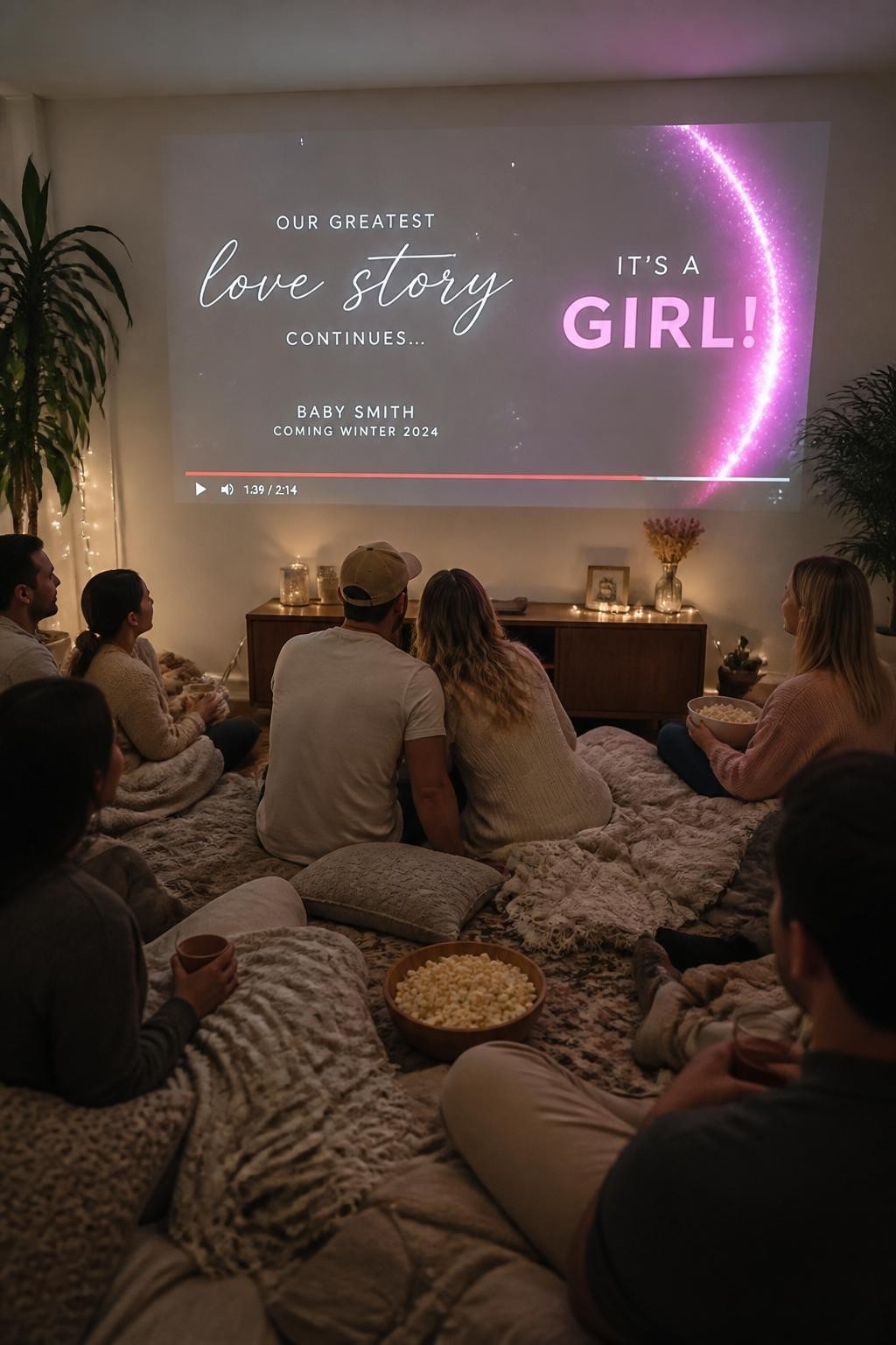 A realistic photo of a cozy at-home gender reveal movie night, projector screen on a white wall, parents sitting on floor cushions with friends, popcorn bowls, string lights, neutral blankets, a paused custom baby announcement trailer on screen with glowing reveal color at the end, warm dim lighting, cinematic lifestyle photography, vertical composition