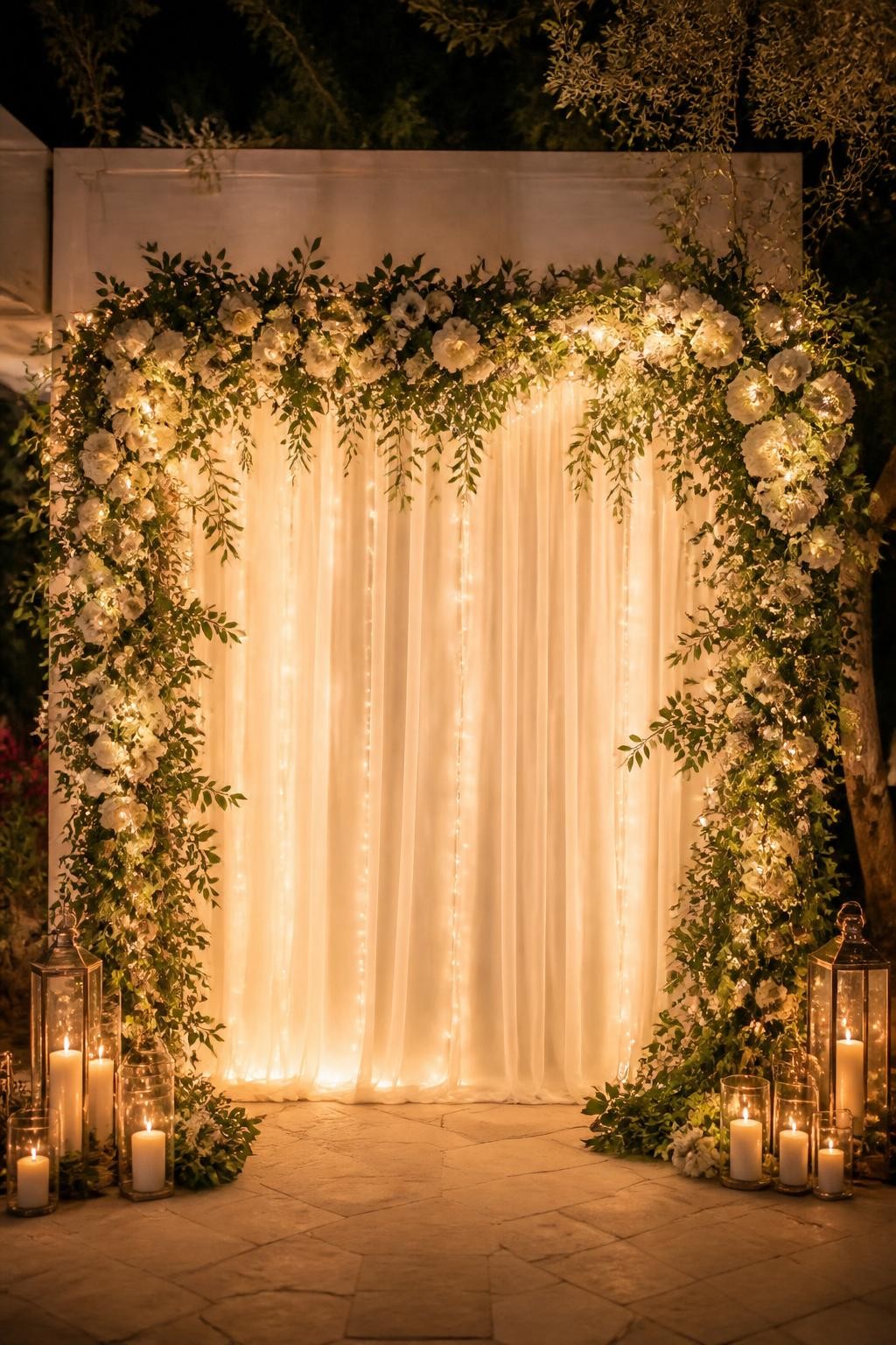 Detailed image prompt: A realistic DSLR-style photo of a fairy light floral garland draped around a wedding photo backdrop, soft white flowers, greenery, warm fairy lights woven through, sheer white curtain behind it, candles on the floor, romantic evening wedding setup, no people, warm glowing light.