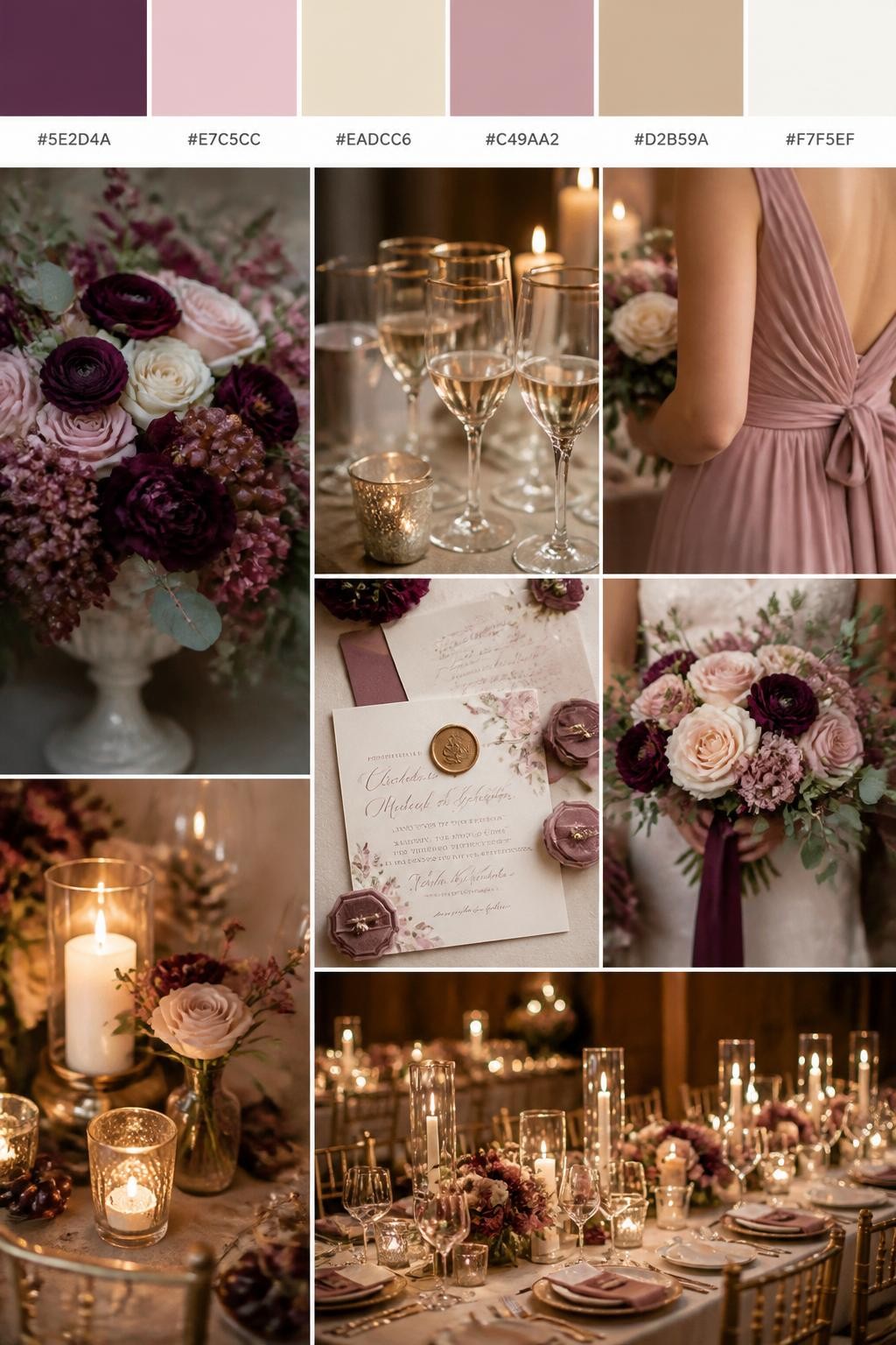 Image Prompt:
A realistic wedding mood board with a top strip of color swatches and small hex codes in plum, blush pink, champagne, dusty rose, warm beige, and ivory. Below, show a romantic collage of wedding details: plum flowers, blush blooms, champagne glassware, soft candlelight, elegant table styling, invitation flat lays, a cropped bridesmaid dress detail from the neck down, hands holding a bouquet, and a no-people reception table glowing under warm candlelight. Keep the collage polished, soft, and romantic with DSLR-style realism. Use no clear faces, with side angles, back views, detail-only shots, and no-people scenes. 9:16 vertical format. (no watermarks on images)