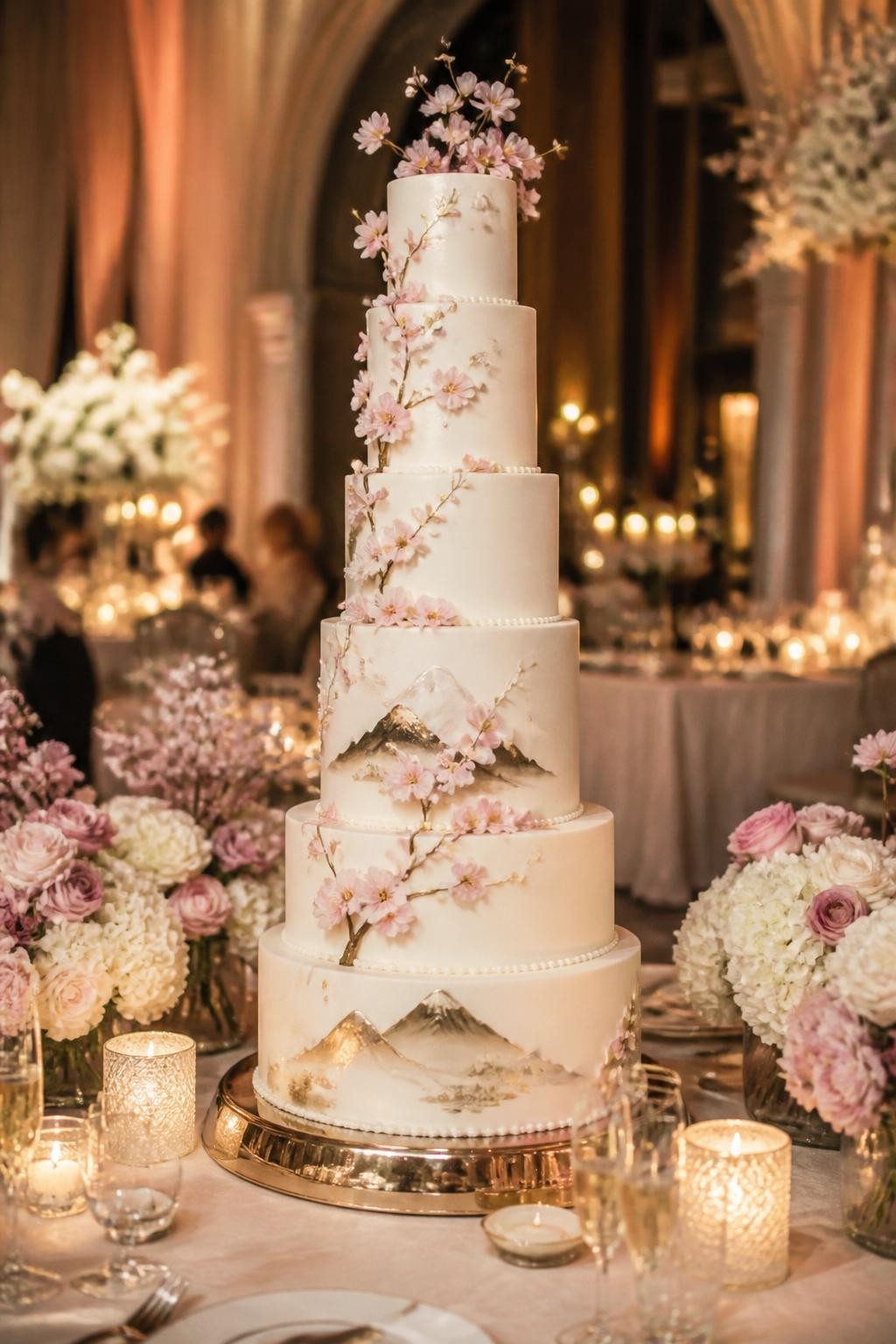 Image Prompt: Ultra-realistic wedding reception image of a tall Japanese-inspired statement wedding cake with multiple elegant tiers, smooth ivory icing, delicate cherry blossom accents, refined floral details, subtle gold touches, and a graceful romantic finish. Place the cake on a grand reception cake table with candles, blush and white floral centerpieces, champagne glasses, fine linens, and a softly blurred luxury wedding venue backdrop. Keep the cake as the main focus. No visible faces. If people appear, show only cropped hands, side views in blur, back views, or neck-down figures. Realistic cake height, blossom detail, smooth icing texture, DSLR editorial wedding photography. (no watermarks on images)