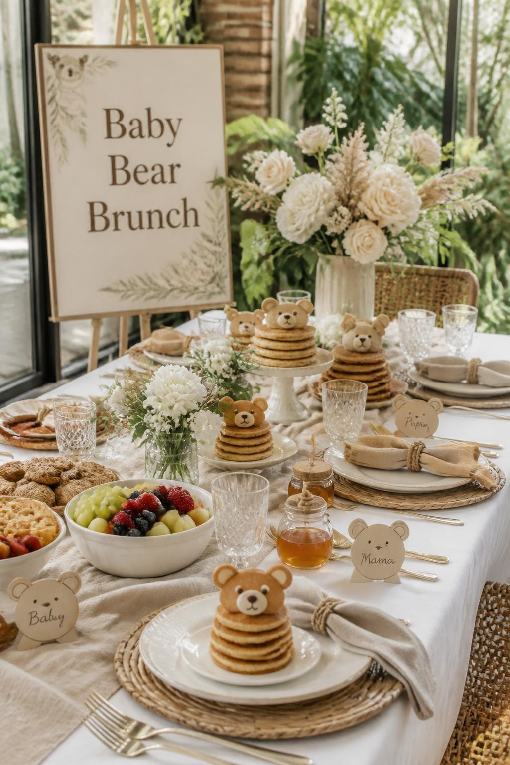 Image Prompt:
A realistic single-image baby bear brunch table setup, white and beige brunch table with mini pancakes, pastries, fruit bowls, teddy bear pancake stacks, honey jars, cream floral arrangements, bear-shaped place cards, soft tan napkins, sign reading “Baby Bear Brunch,” bright indoor garden room, no people, no faces, natural daylight, editorial brunch party photography, realistic food styling, no watermarks on images
