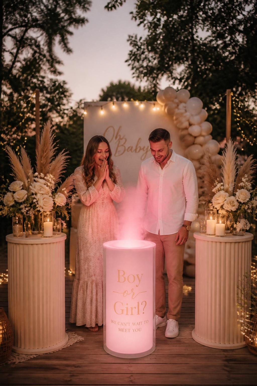 A realistic editorial photo of a modern September gender reveal party at dusk, two balanced side tables with candles, cream flowers, dried grasses, and soft lights, parents standing between them as a center light installation glows in one reveal color, elegant early autumn atmosphere, warm cinematic DSLR photography, vertical image