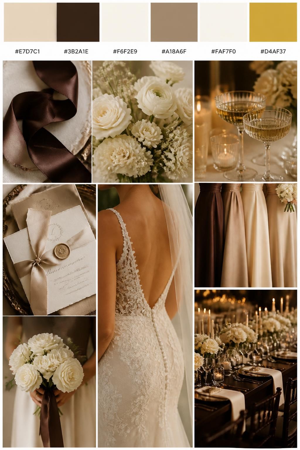 Image Prompt:
A realistic champagne wedding color palette mood board with a top strip of swatches and small hex codes in champagne, espresso brown, ivory, warm taupe, cream, and soft gold. Below, show a cohesive collage of espresso ribbon, ivory flowers, champagne glassware, stationery with silk ribbon, a back-view bridal detail, cropped bridesmaid dress fabric shots, hands-only bouquet styling, and a romantic reception table under warm glowing light. Keep faces out of frame using side angles, back views, close-up crops, and no-people scenes. The overall mood should feel warm, rich, elegant, and romantic with realistic DSLR photo quality. 9:16 vertical format. (no watermarks on images)