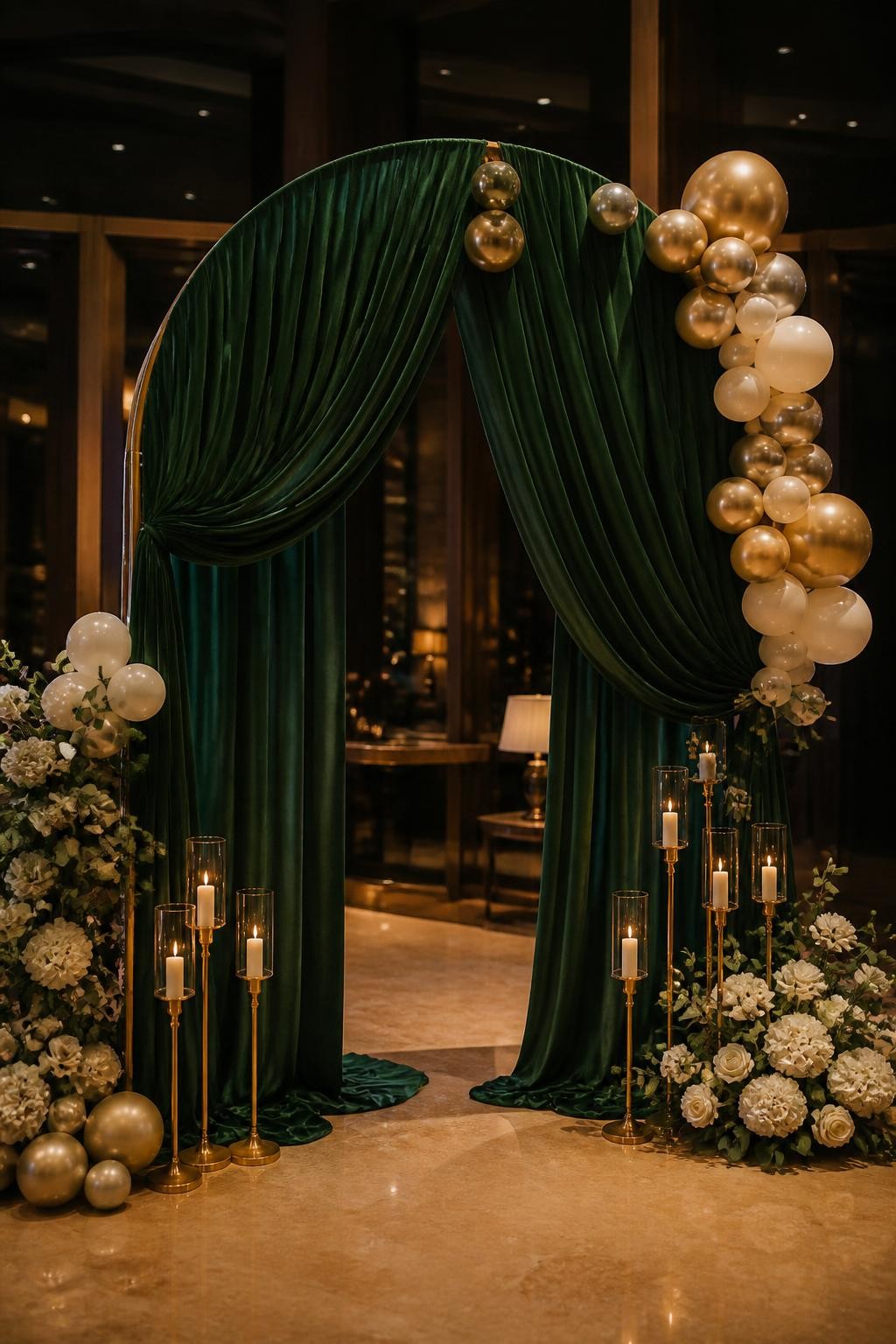 Image Prompt:
A single realistic photo of a luxe arch backdrop with deep emerald green velvet fabric draped around a tall arch frame, gold candle holders, ivory floral clusters at the base, champagne balloon accents, polished indoor evening event space, no people, no faces, warm moody lighting, realistic luxury party photography, no text, no watermark.