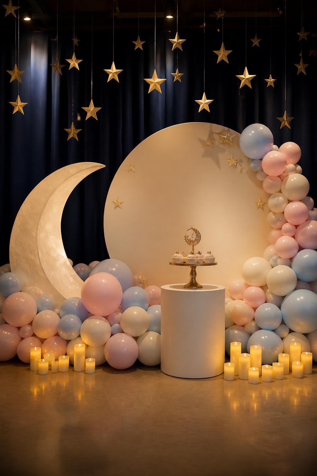Image Prompt:
A single realistic photo of a moon and stars gender reveal backdrop with a deep navy and soft cream color palette, crescent moon prop beside a round cream backdrop panel, gold star cutouts hanging overhead, blush pink and baby blue balloons mixed with ivory balloons, small glowing LED candles on the floor, dessert pedestal in front, dreamy evening indoor setup, no people, no faces, realistic warm lighting, no text, no watermark.