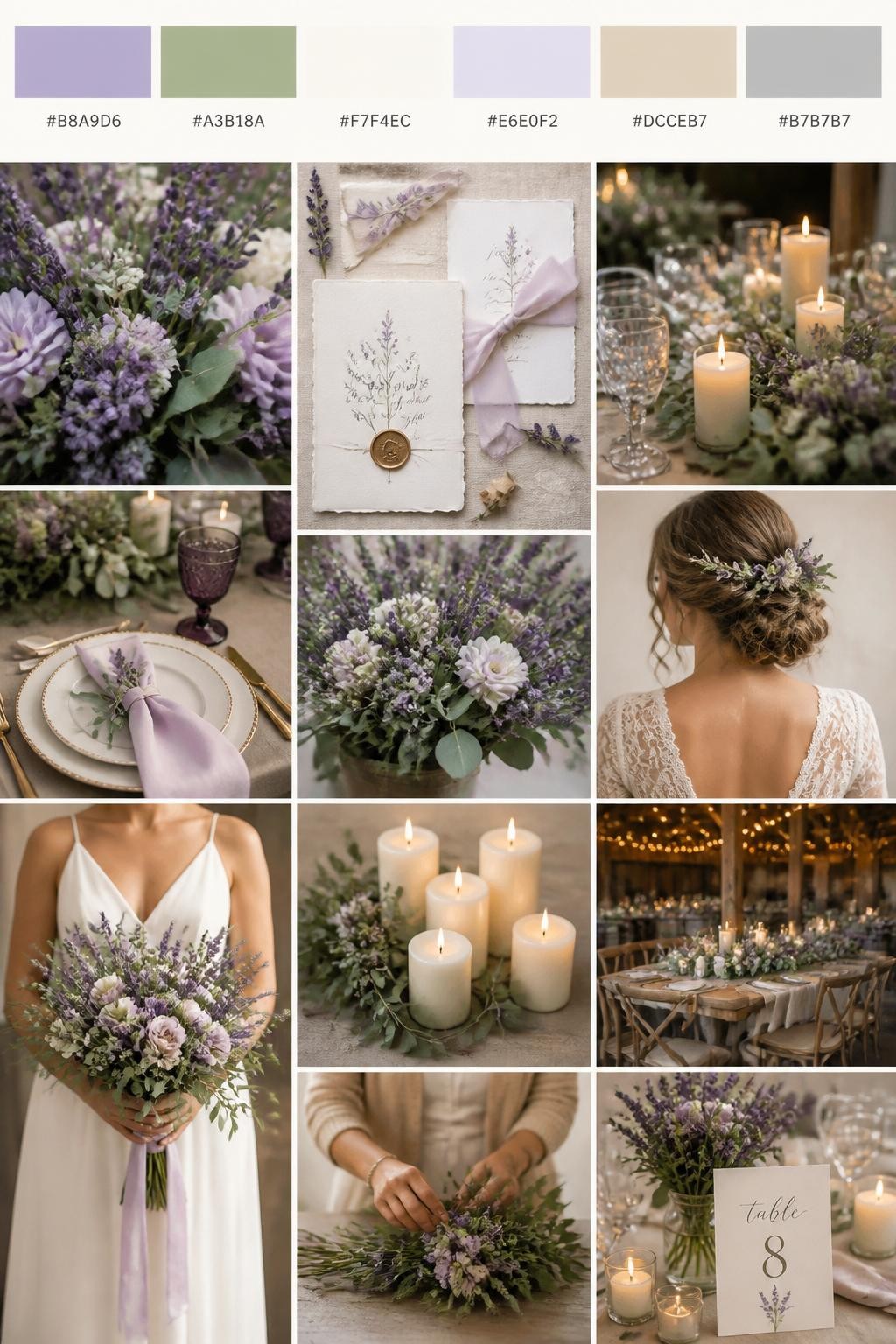 Image Prompt:
A realistic wedding inspiration mood board with a top strip of swatches and hex codes in lavender, sage green, ivory, pale lilac, warm beige, and soft gray. Below, create a polished collage with lavender flowers, sage greenery, ivory candles, elegant table settings, silk ribbon stationery, a cropped dress shot from below the chin, hands arranging flowers, and candlelit rustic reception decor with wood textures. Use a mix of no-people flat lays, bouquet close-ups, back-view styling, and side-angle detail photos with no visible full faces. The mood should feel soft, romantic, rustic, and fresh with realistic DSLR photo quality. 9:16 vertical format. (no watermarks on images)