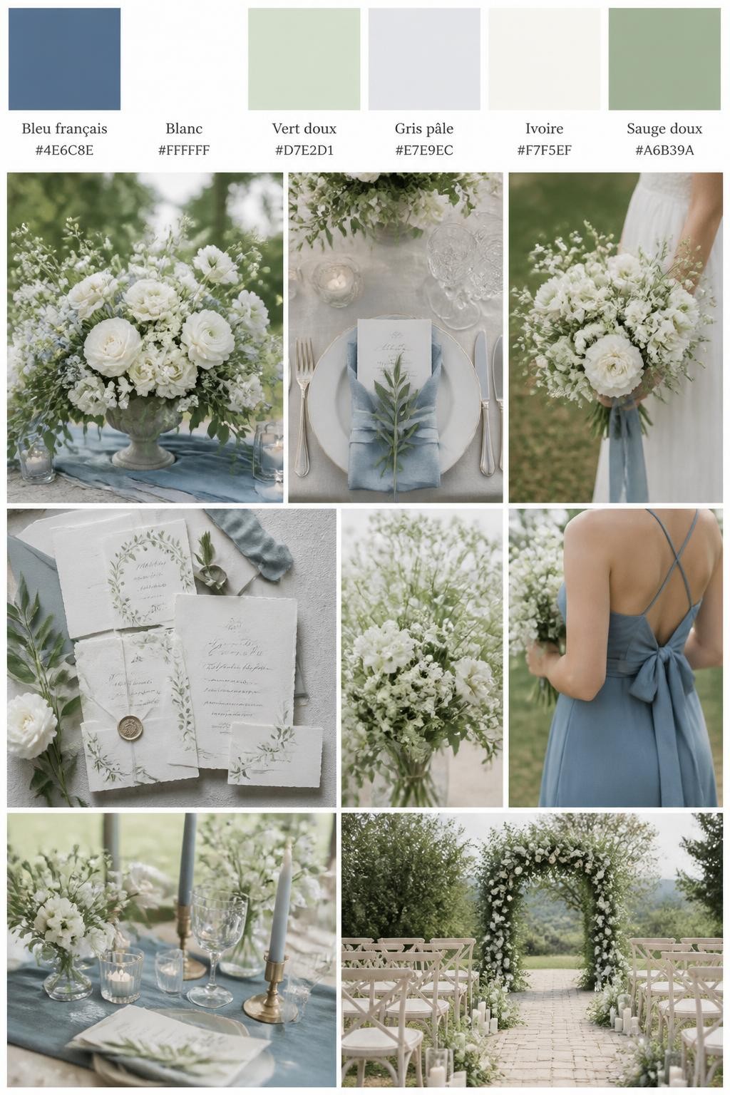 Image Prompt:
A realistic Pinterest-style wedding palette board with a top row of swatches and hex codes in French blue, white, soft green, pale gray, ivory, and muted sage. Below the swatches, create a fresh wedding collage with white flowers, soft greenery, French blue linens or ribbon, elegant place settings, garden-style stationery, a side-view bouquet shot, a bridesmaid dress detail cropped below the shoulders, and a no-people ceremony setup with greenery and candles. Use varied no-face compositions, including hands-only details, back-view styling, side-view crops, and no-people decor scenes. DSLR photo realism, 9:16 vertical format. (no watermarks on images)
