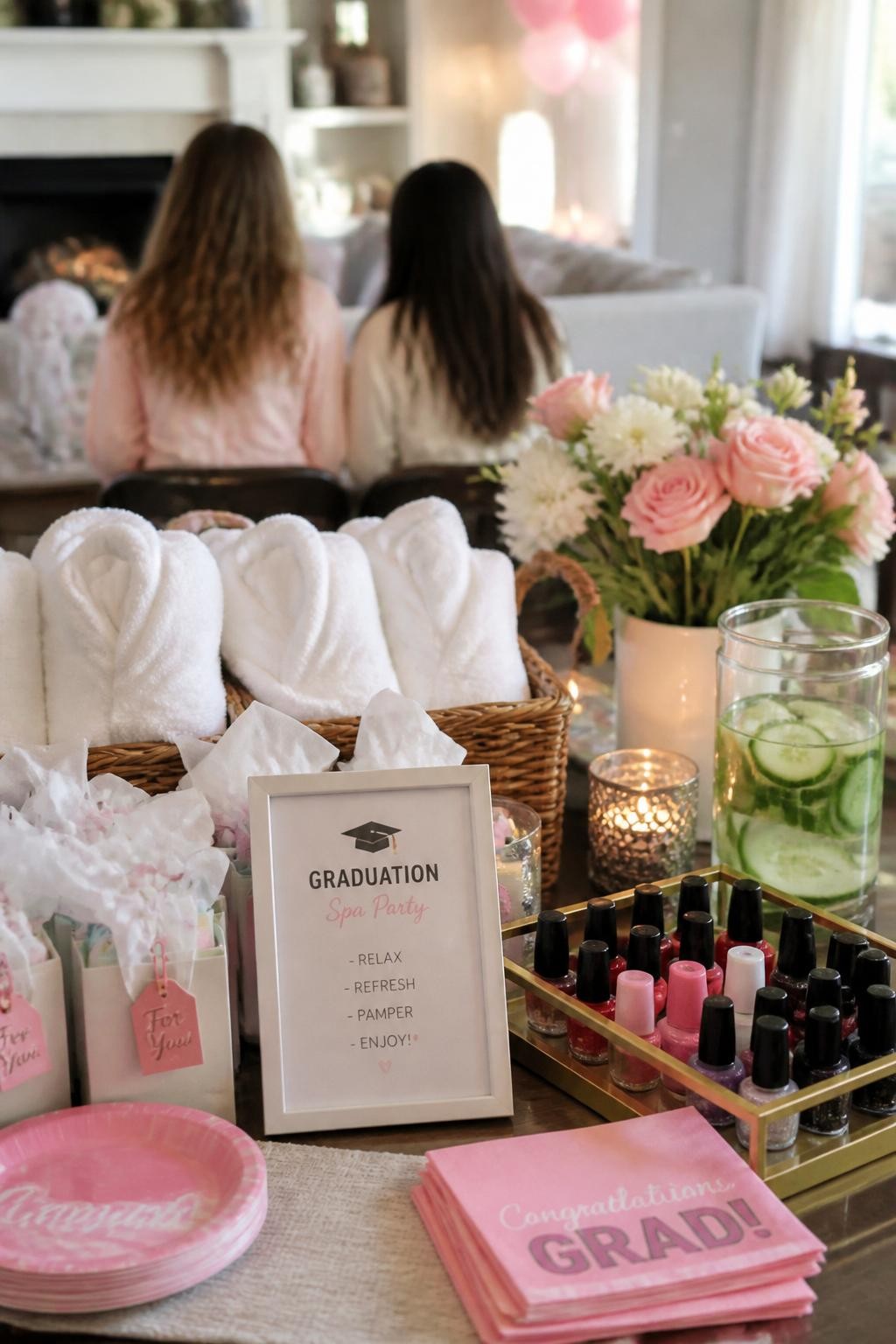 A realistic DSLR photo of a classy graduation spa-style party setup with soft robes folded in baskets, cucumber water, mini skincare gift bags, candles, flowers, nail polish trays, and two girls seated in the background from behind and softly out of focus, bright cozy indoor lighting, realistic relaxed party styling.