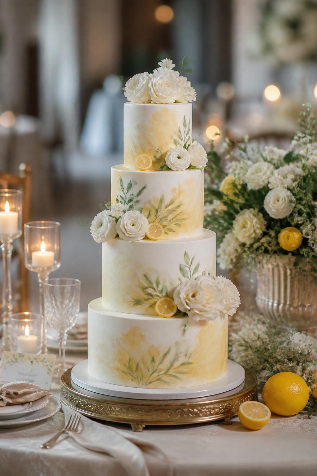 Image Prompt: Ultra-realistic wedding reception scene showing a lemon watercolor wedding cake with smooth white tiers and soft watercolor-style yellow washes across the icing. Add delicate white flowers, light greenery, and subtle lemon accents for a refined finish. Place the cake on a beautiful reception cake table with candles, floral centerpieces, glassware, fine linens, and a softly blurred wedding venue background. Keep the cake front and center. No visible faces. If people appear, show only cropped hands, back views, side angles in blur, or neck-down figures. Realistic watercolor icing effect, soft lemon palette, romantic DSLR wedding style. (no watermarks on images)