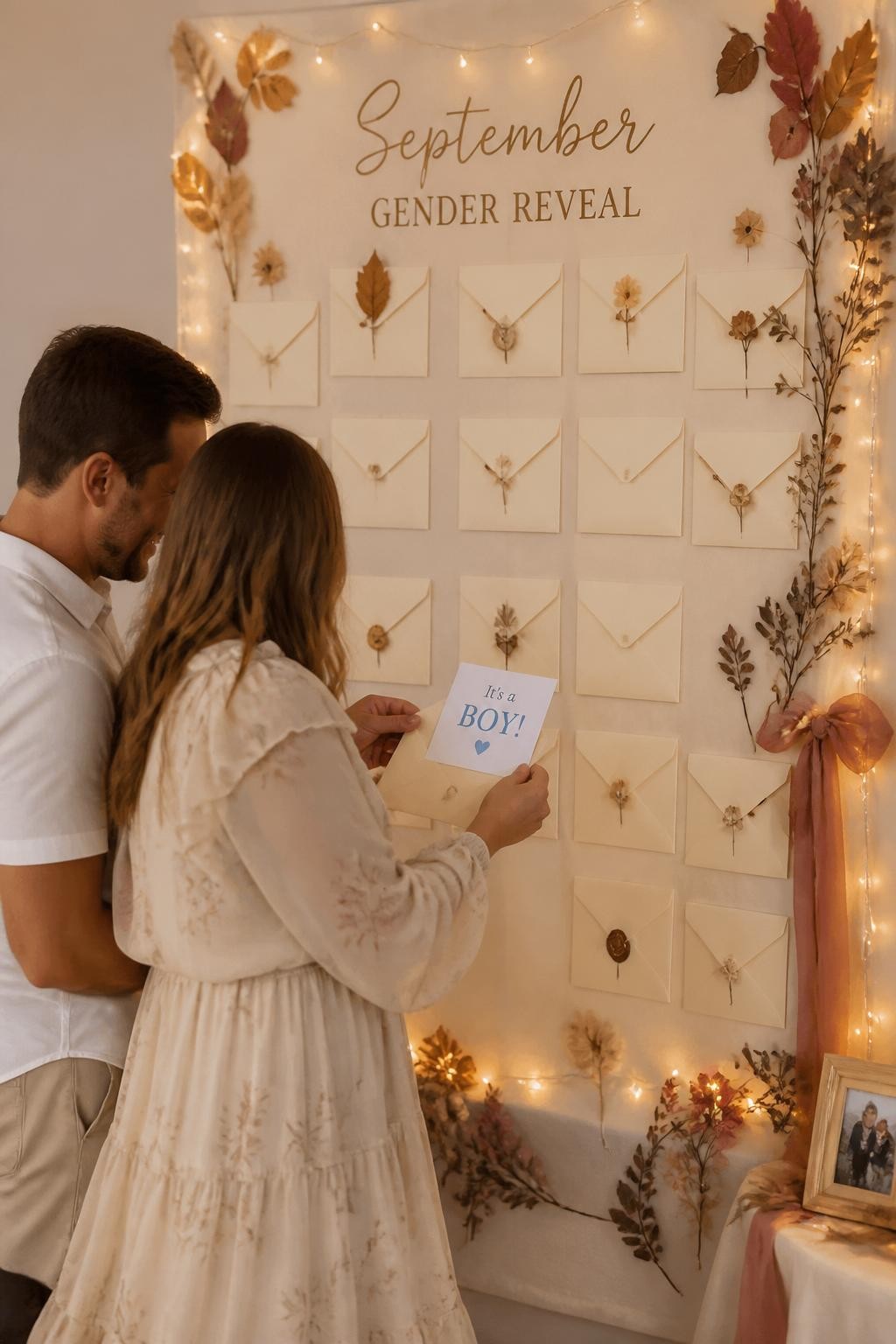 A realistic editorial photo of a September gender reveal wall with cream envelopes, pressed late-summer flowers, dried leaves, soft ribbon, warm fairy lights, parents opening the final envelope with a reveal card inside, elegant home party decor, vertical DSLR lifestyle photography