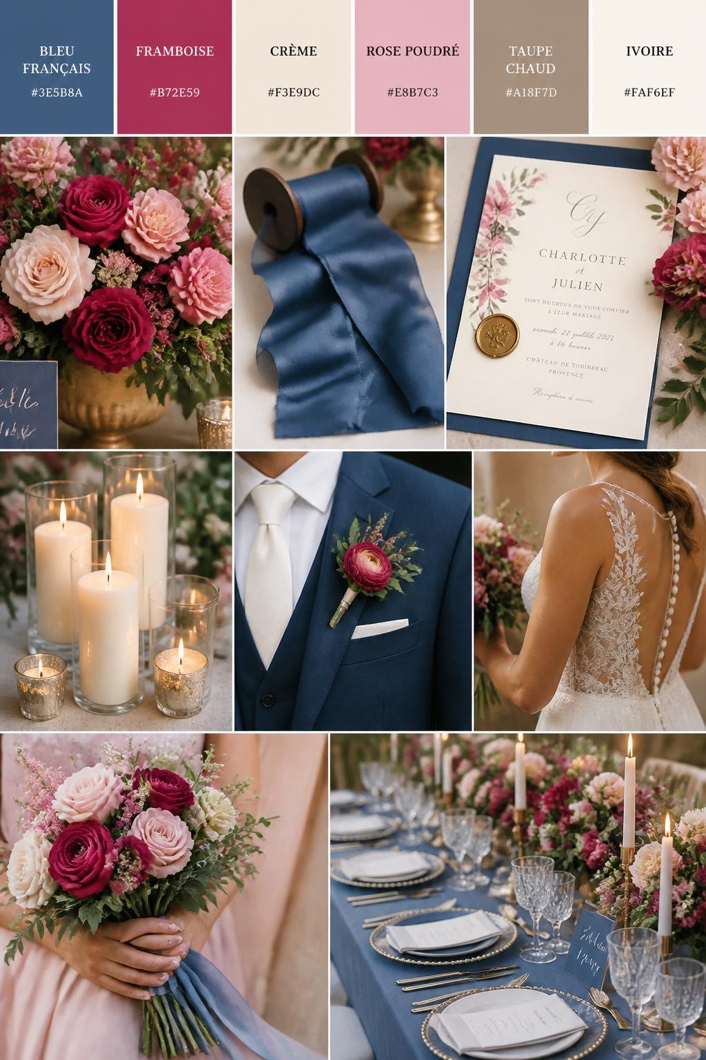 Image Prompt:
A realistic wedding palette board with a top row of color swatches and hex codes in French blue, raspberry, cream, blush pink, warm taupe, and ivory. Below, show a polished collage of raspberry flowers, French blue ribbon, cream candles, elegant paper goods, a groom suit detail with boutonniere and no visible face, cropped dress shots, bouquet styling in hands-only composition, and a romantic reception table. Use no full faces, with side crops, back views, and no-people decor shots for variety. The mood should feel colorful, romantic, polished, and wedding-ready with true-to-life DSLR quality. 9:16 vertical format. (no watermarks on images)