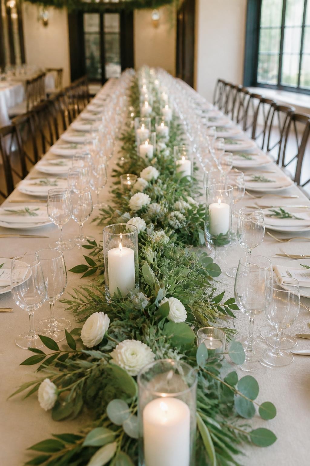 Detailed image prompt: A realistic DSLR-style photo of a long wedding reception table with a fresh greenery garland running down the center, eucalyptus, olive branches, ruscus, and soft white flowers woven through the garland, white candles in glass holders, cream linen napkins, gold flatware, elegant indoor wedding reception, no people, soft natural light, high detail.