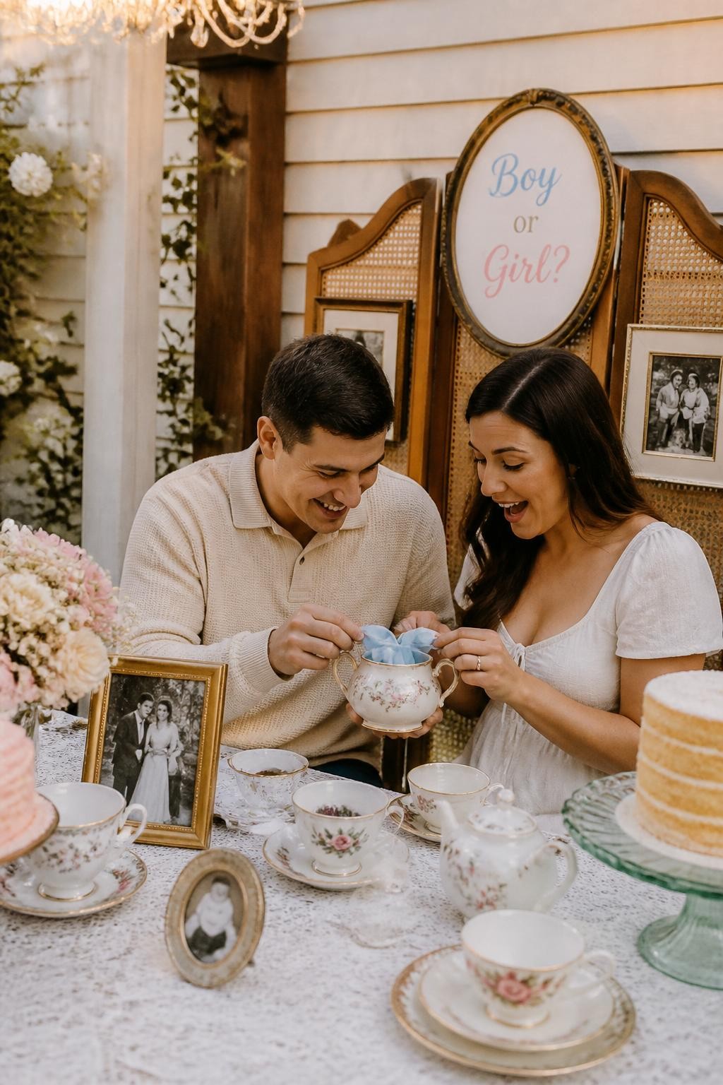 A realistic editorial photo of an intimate heirloom tea party gender reveal, vintage teacups, lace tablecloth, family photo frames, delicate cakes, soft flowers, parents opening an antique-style teapot or sugar bowl with reveal color ribbon inside, warm nostalgic atmosphere