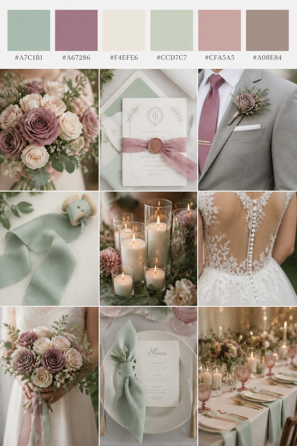 Image Prompt:
A realistic wedding palette board with a top row of color swatches and hex codes in dusty mint, mauve, cream, pale sage, dusty rose, and warm taupe. Below, show a polished collage of mauve flowers, dusty mint ribbon, cream candles, elegant paper goods, a groom suit detail with boutonniere and no visible face, cropped dress shots, bouquet styling in hands-only composition, and a romantic reception table. Use no full faces, with side crops, back views, and no-people decor shots for variety. The mood should feel soft, romantic, and polished with true-to-life DSLR quality. 9:16 vertical format. (no watermarks on images)