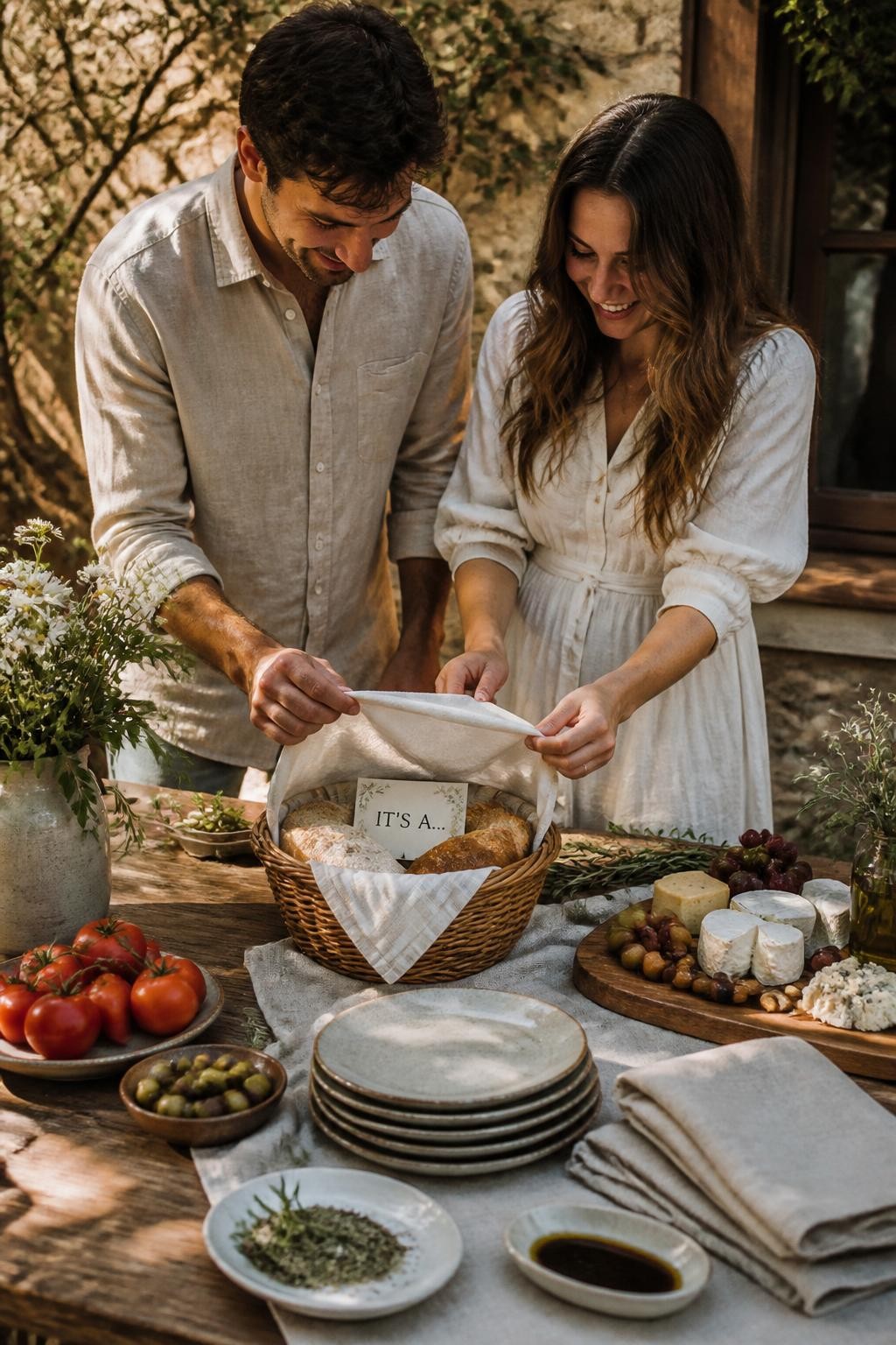 A realistic editorial photo of a rustic August gender reveal snack table, warm bread basket, linen napkins, tomatoes, herbs, cheese board, ceramic plates, parents lifting a linen cloth from the bread basket to reveal a hidden baby message card, golden kitchen or patio light, editorial food photography