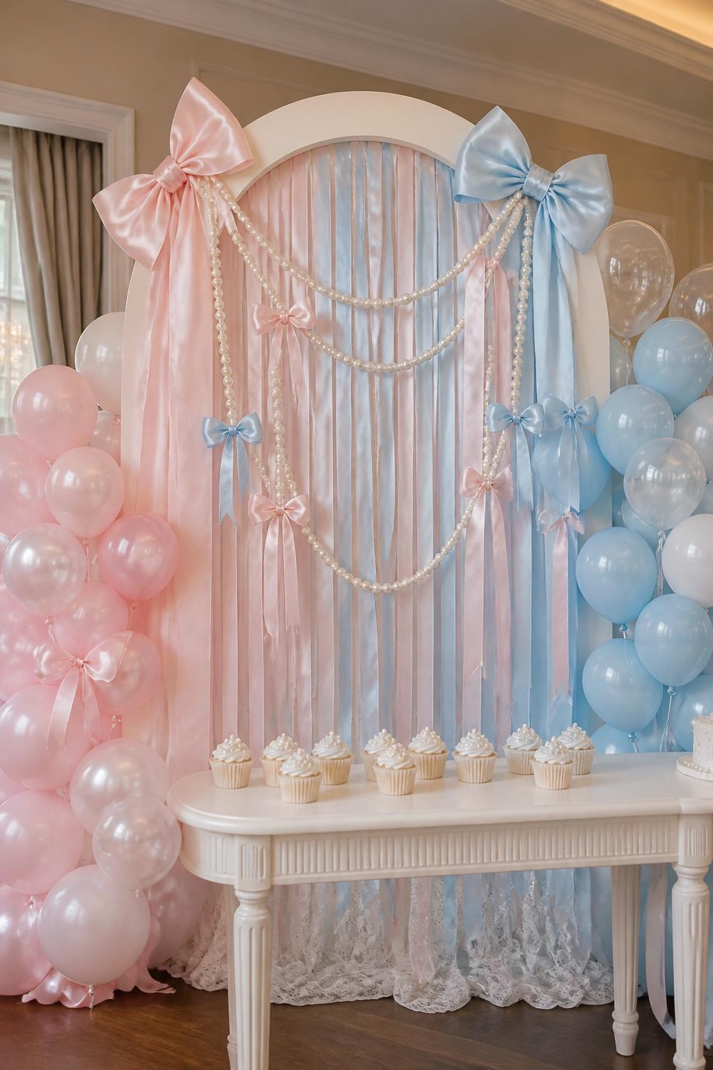 Image Prompt:
A single realistic photo of a coquette-inspired gender reveal backdrop with a blush pink and powder blue satin ribbon wall, pearl garlands draped across a cream arch panel, oversized soft bows, pastel balloon clusters, a white dessert table with pearl-detailed cupcakes, delicate lace fabric at the base, elegant indoor party room, no people, no faces, soft natural lighting, realistic editorial party photo, no text, no watermark.