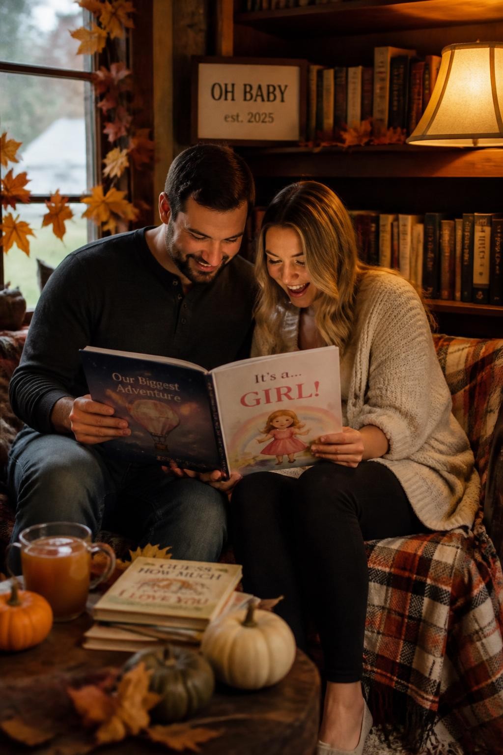 A realistic editorial photo of a cozy October gender reveal reading nook, stacked books, plaid blanket, warm lamp light, mini pumpkins, dried leaves, mug of cider, parents opening a custom baby storybook to the final reveal page, intimate home setting, warm autumn lighting, vertical DSLR photography