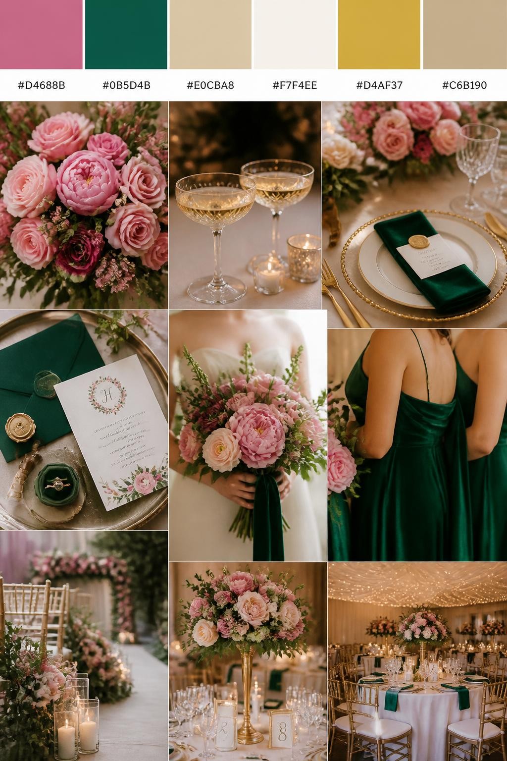 Image Prompt:
A realistic vertical wedding mood board with a top palette strip showing hex codes in medium pink, emerald green, champagne, ivory, soft gold, and warm beige. Below the swatches, show a romantic collage of pink flowers, emerald velvet details, champagne glassware, polished table settings, invitation styling, a bouquet held in front of the body with no face visible, cropped bridesmaid dress details, and warm reception decor. Use varied no-face compositions such as side views, back views, hand-held bouquet close-ups, and no-people tablescape shots. DSLR realism, Pinterest-style collage layout, 9:16 vertical format. (no watermarks on images)