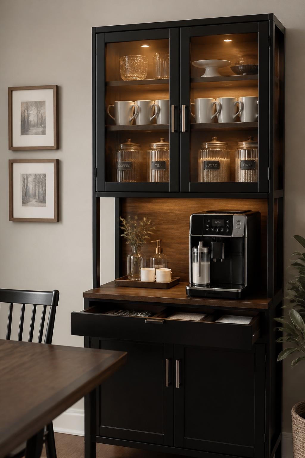 A realistic DSLR photo of a glass-door coffee bar hutch in a dining room, tall black metal and wood hutch with glass doors, white mugs and clear ribbed jars arranged neatly behind the glass, compact coffee machine on the open middle shelf, small drawer below slightly open with spoons and napkins, warm cabinet lighting, neutral wall, polished home decor photography, no people.