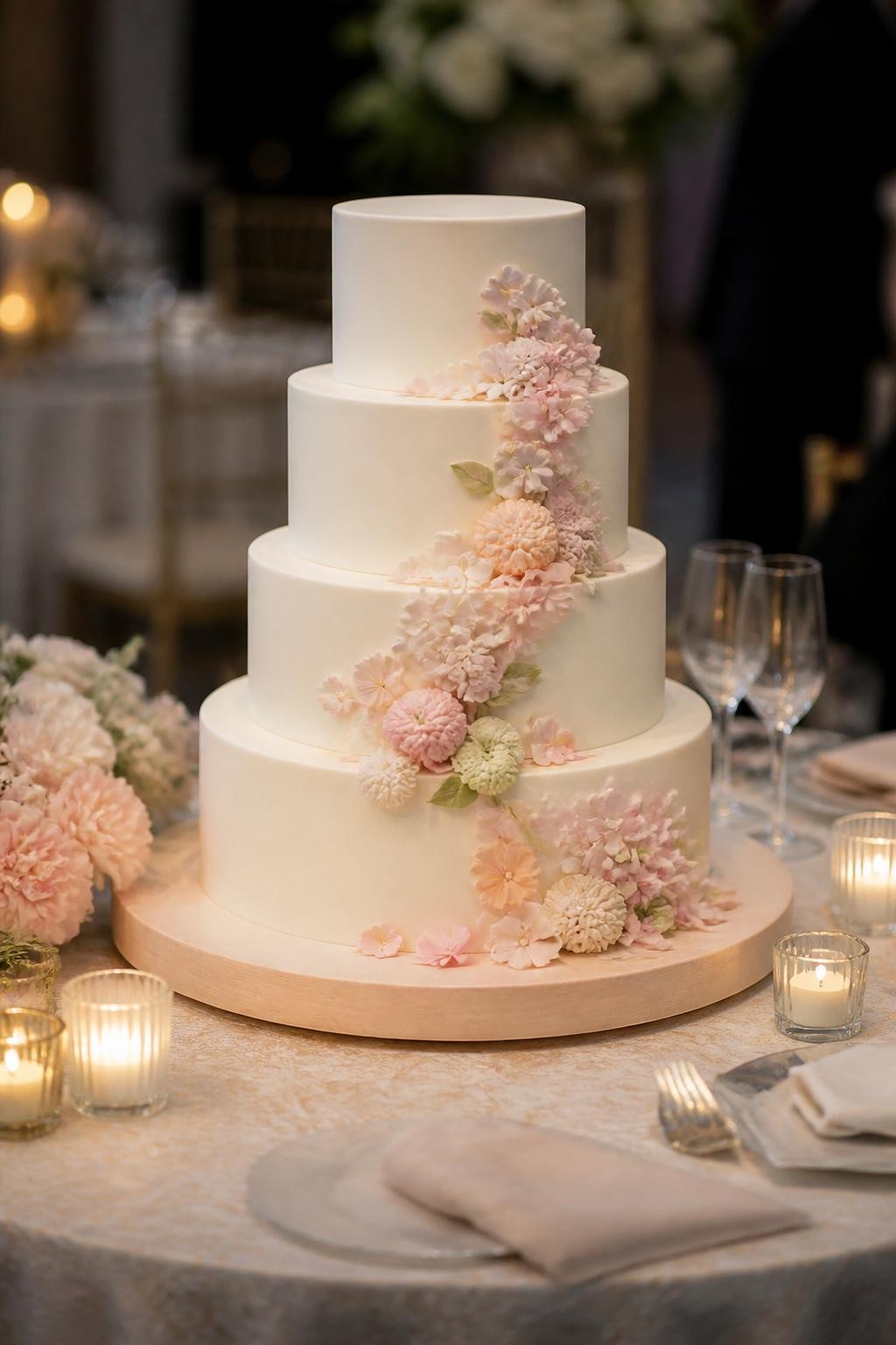Image Prompt: Ultra-realistic wedding party scene featuring a Japanese-inspired wedding cake with smooth ivory tiers and delicate floral decorations inspired by wagashi sweets, using soft pink, pale peach, ivory, and light green tones. Keep the design elegant and bridal. Place the cake on an elegant reception cake table with candles, flowers, fine linens, glassware, and a softly blurred wedding venue background. Keep the cake as the hero of the image. No visible faces. If people appear, show only cropped hands, side views in blur, back views, or neck-down figures. Realistic floral detailing, soft icing texture, DSLR wedding realism. (no watermarks on images)