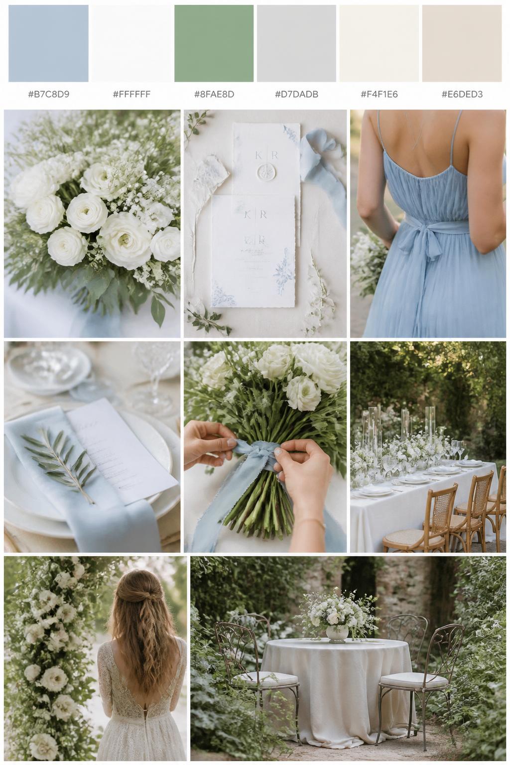 Image Prompt:
A realistic wedding inspiration mood board with a top row of swatches and small hex codes in soft blue, white, fresh green, pale gray, ivory, and warm beige. Under the palette strip, show a polished collage of white flowers, airy blue ribbon details, fresh greenery, elegant paper goods, light table styling, a cropped bridesmaid dress image from the neck down, hands tying ribbon around a bouquet, a back-view floral moment, and a romantic no-people garden table setting. Use only back views, side views, detail crops, and no-people decor scenes to avoid face issues. DSLR-style realism, 9:16 vertical format. (no watermarks on images)