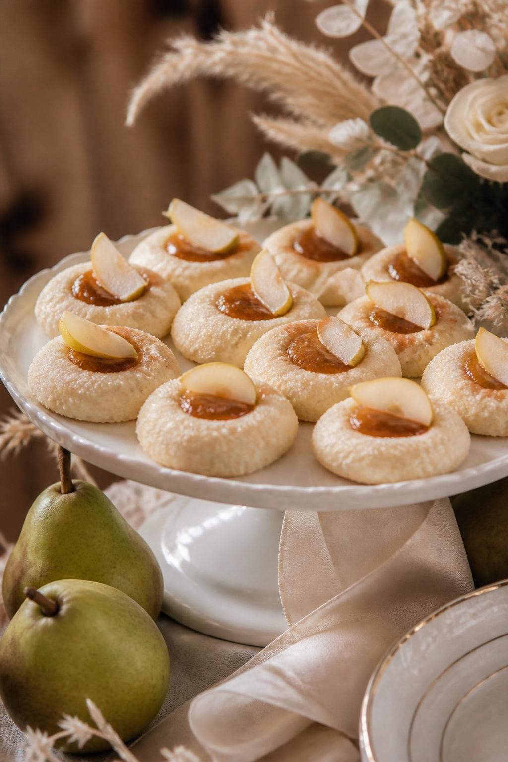 Realistic DSLR close-up of soft thumbprint cookies filled with golden cinnamon pear jam, topped with tiny pear slices and a light sugar sparkle, displayed on a cream cake stand with fresh pears, linen ribbon, dried grasses, and warm natural light, elegant fall wedding dessert table.