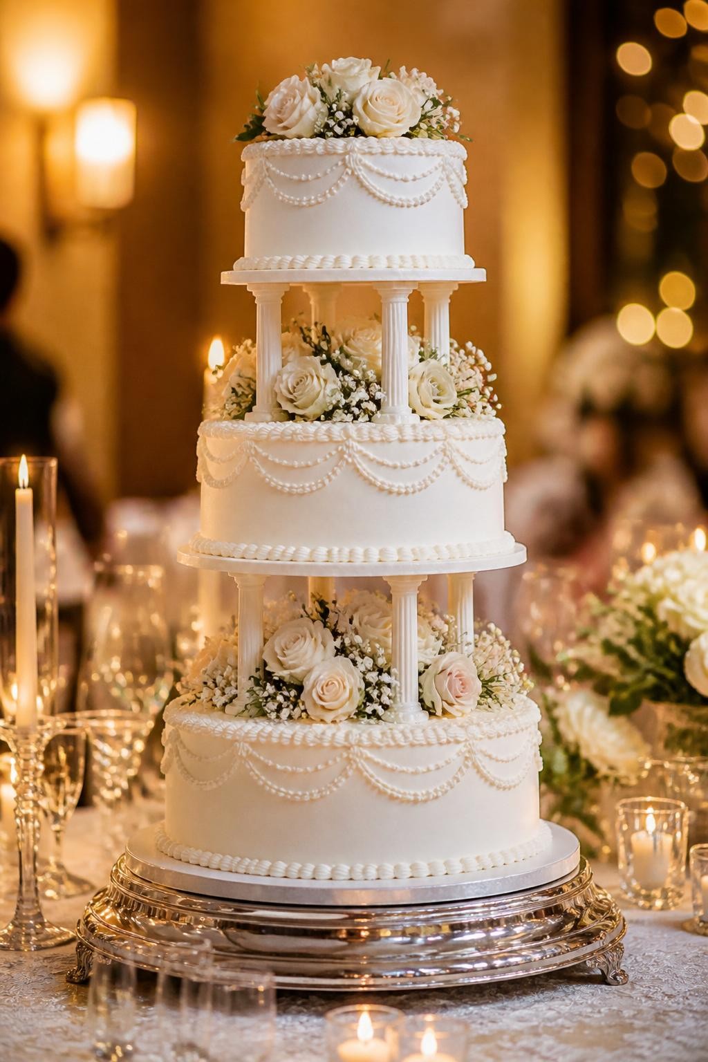Image Prompt: Ultra-realistic wedding party image of a beautiful retro wedding cake with classic separator pillars between tiers, elegant vintage styling, and soft floral accents placed between or around the tiers. Use ivory or white icing with refined piped borders and subtle retro charm. Place the cake on a grand reception cake table with candles, floral centerpieces, fine linens, glassware, and a softly blurred wedding venue backdrop. Keep the cake as the main subject. No visible faces. If people appear, show only side views in blur, back views, cropped hands, or neck-down figures. Realistic pillar detail, elegant icing texture, soft warm wedding light, DSLR realism. (no watermarks on images)