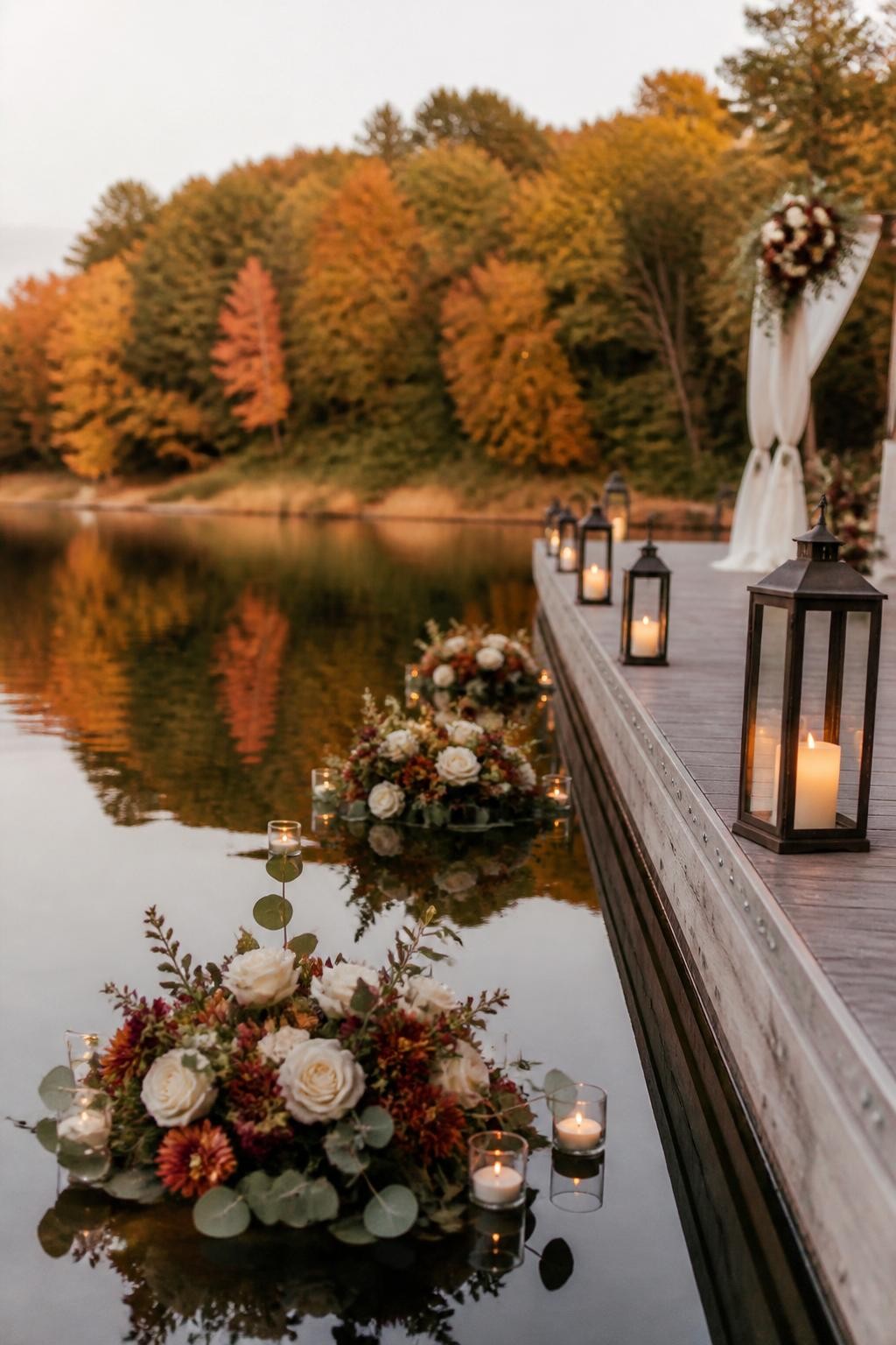 Realistic DSLR photo of a fall lake wedding dock with small floating floral arrangements near the edge of the water, featuring cream flowers, rust blooms, burgundy accents, greenery, and tiny floating candles in safe glass holders, wooden dock lined with lanterns, calm lake reflections, soft dusk lighting, elegant romantic style.