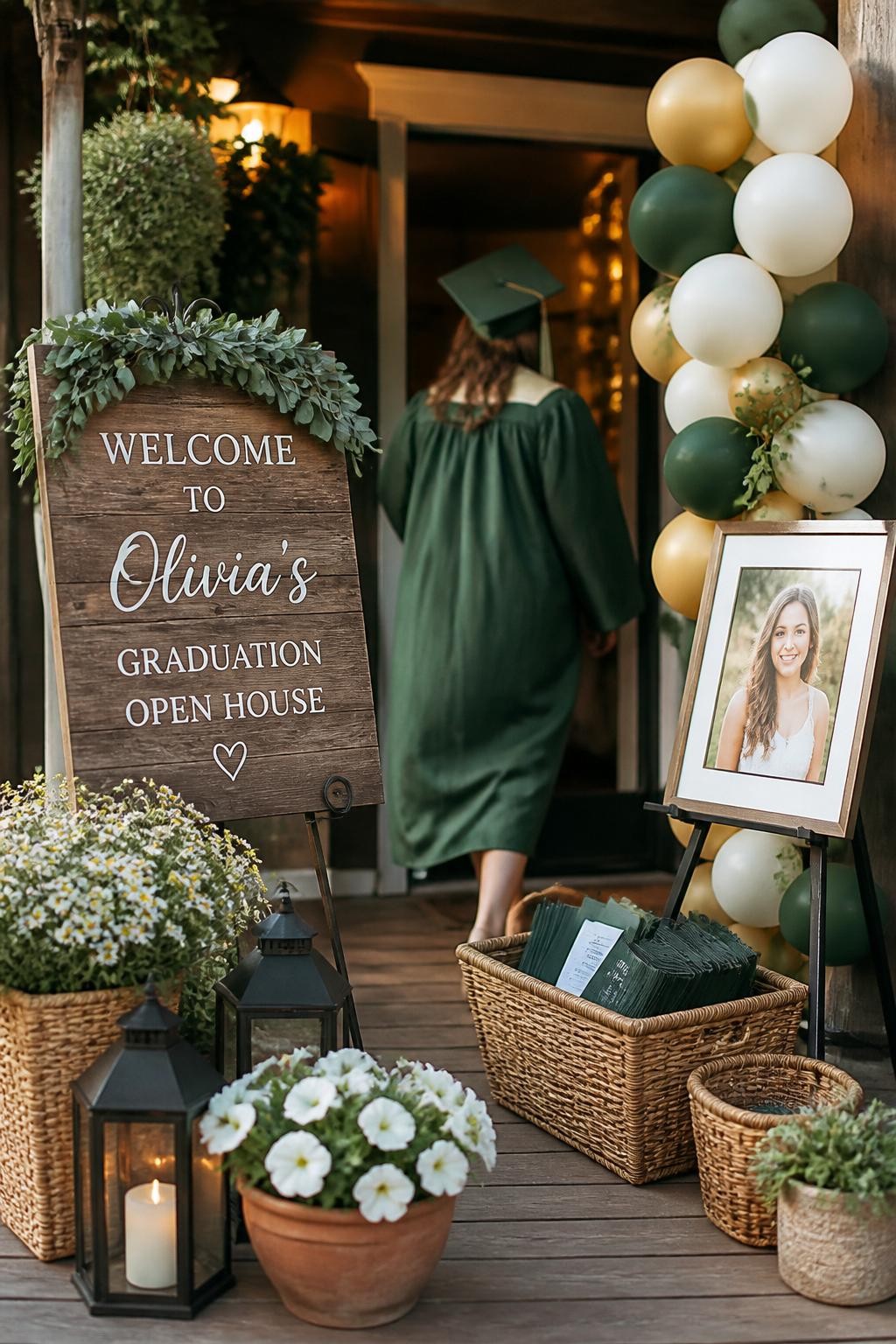 A realistic DSLR photo of a rustic front porch graduation party entrance with wooden welcome sign, lanterns, potted flowers, woven baskets, soft balloons in neutral school colors, a framed senior portrait, and a graduate walking away from the camera slightly out of focus, warm afternoon light, realistic welcoming event styling.