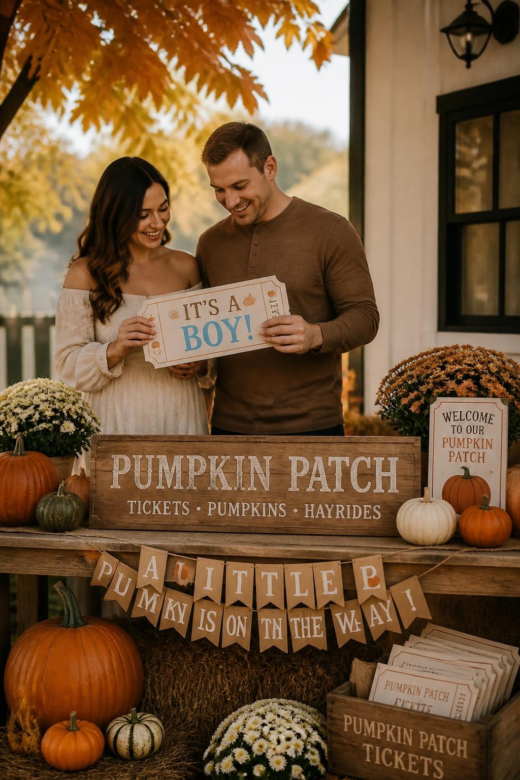 A realistic editorial photo of a creative October gender reveal table styled like a tiny pumpkin patch ticket booth, kraft paper tickets, mini pumpkins, wood sign, mums, parents opening one large ticket sleeve with the baby reveal message, cozy outdoor autumn setup, warm natural light, vertical DSLR photography