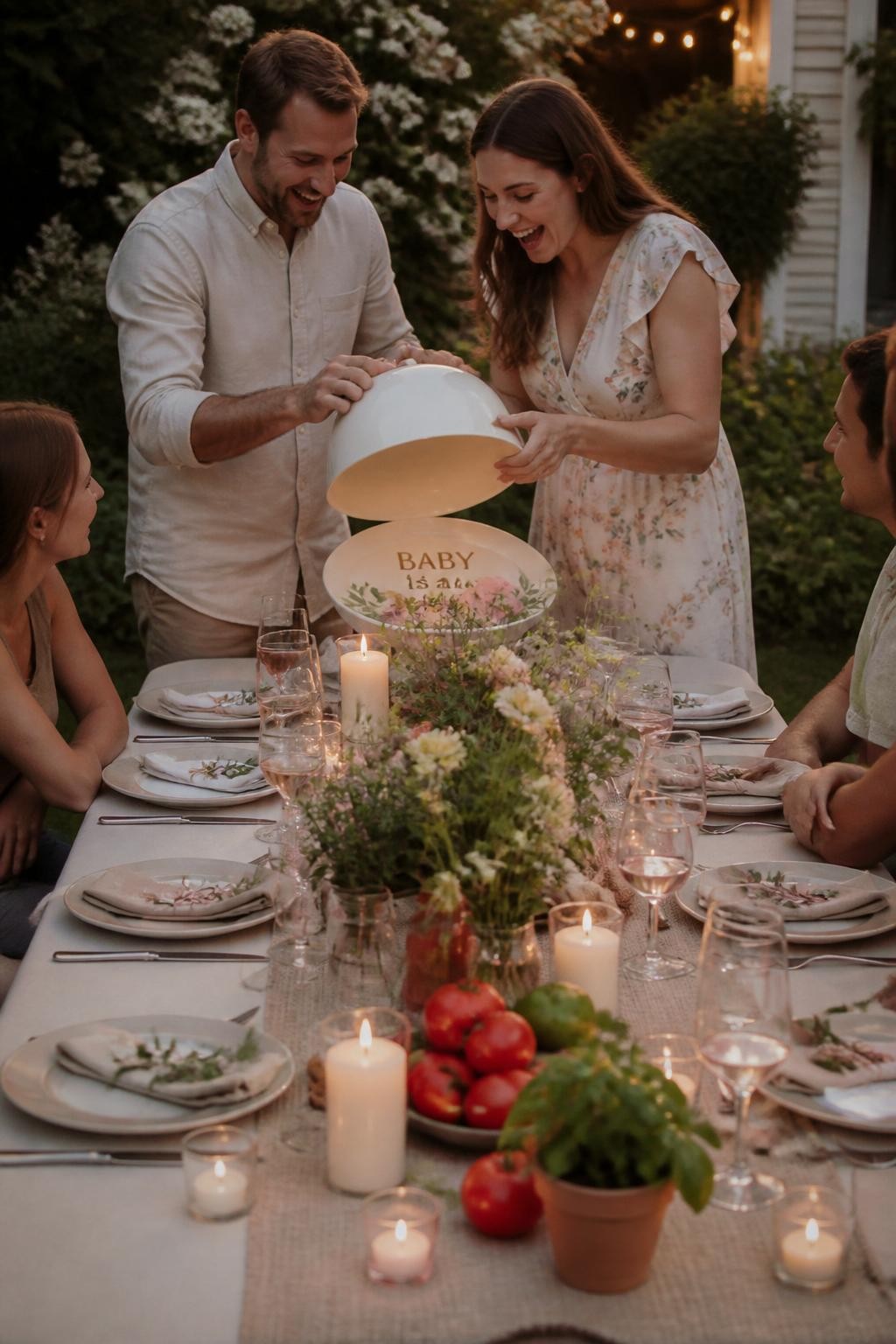 A realistic editorial photo of an August gender reveal garden dinner, long outdoor table with linen runner, tomatoes, herbs, candles, late-summer flowers, ceramic plates, parents lifting a covered serving dish to reveal a baby message and soft color detail, warm evening light, elegant dinner party photography