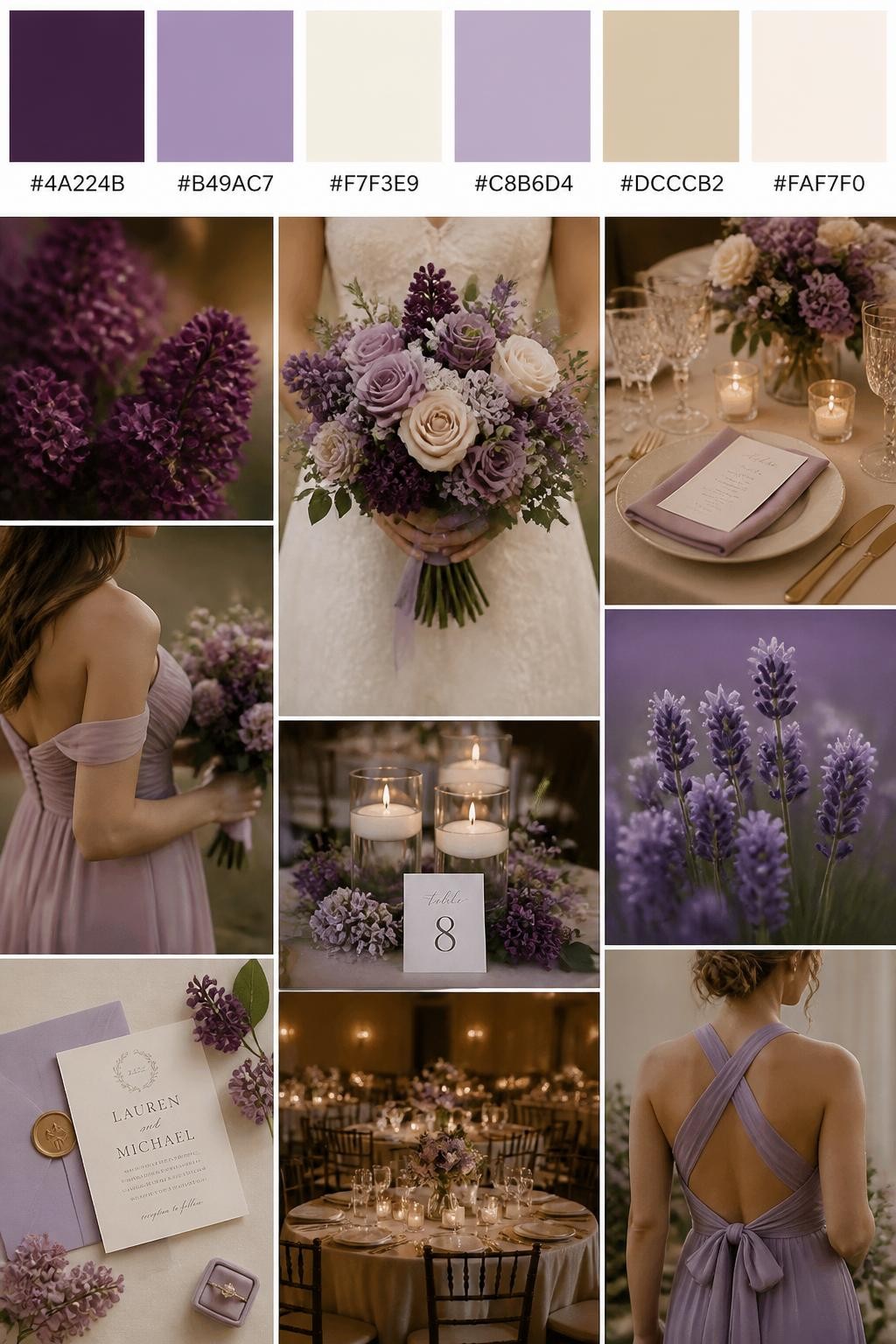 Image Prompt:
A realistic vertical wedding mood board with a top palette strip showing hex codes in mulberry purple, lavender, cream, dusty lilac, warm beige, and ivory. Below the swatches, show a romantic collage of mulberry flowers, lavender blooms, cream candles, polished table settings, invitation styling, a bouquet held in front of the body with no face visible, cropped bridesmaid dress details, and warm reception decor. Use varied no-face compositions such as side views, back views, hand-held bouquet close-ups, and no-people tablescape shots. DSLR realism, Pinterest-style collage layout, 9:16 vertical format. (no watermarks on images)