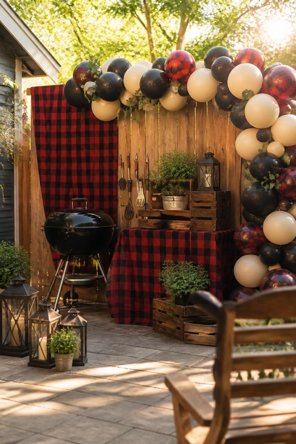 Image Prompt:
A single realistic editorial-style photo of a backyard Father’s Day BBQ backdrop with a wooden fence backdrop, red and black plaid fabric accents, black and cream balloon garland, grilling tools styled safely as decor, wooden crates, small potted herbs, lanterns, outdoor patio setting, no people, no faces, golden afternoon sunlight, realistic party photography, no text, no watermark.