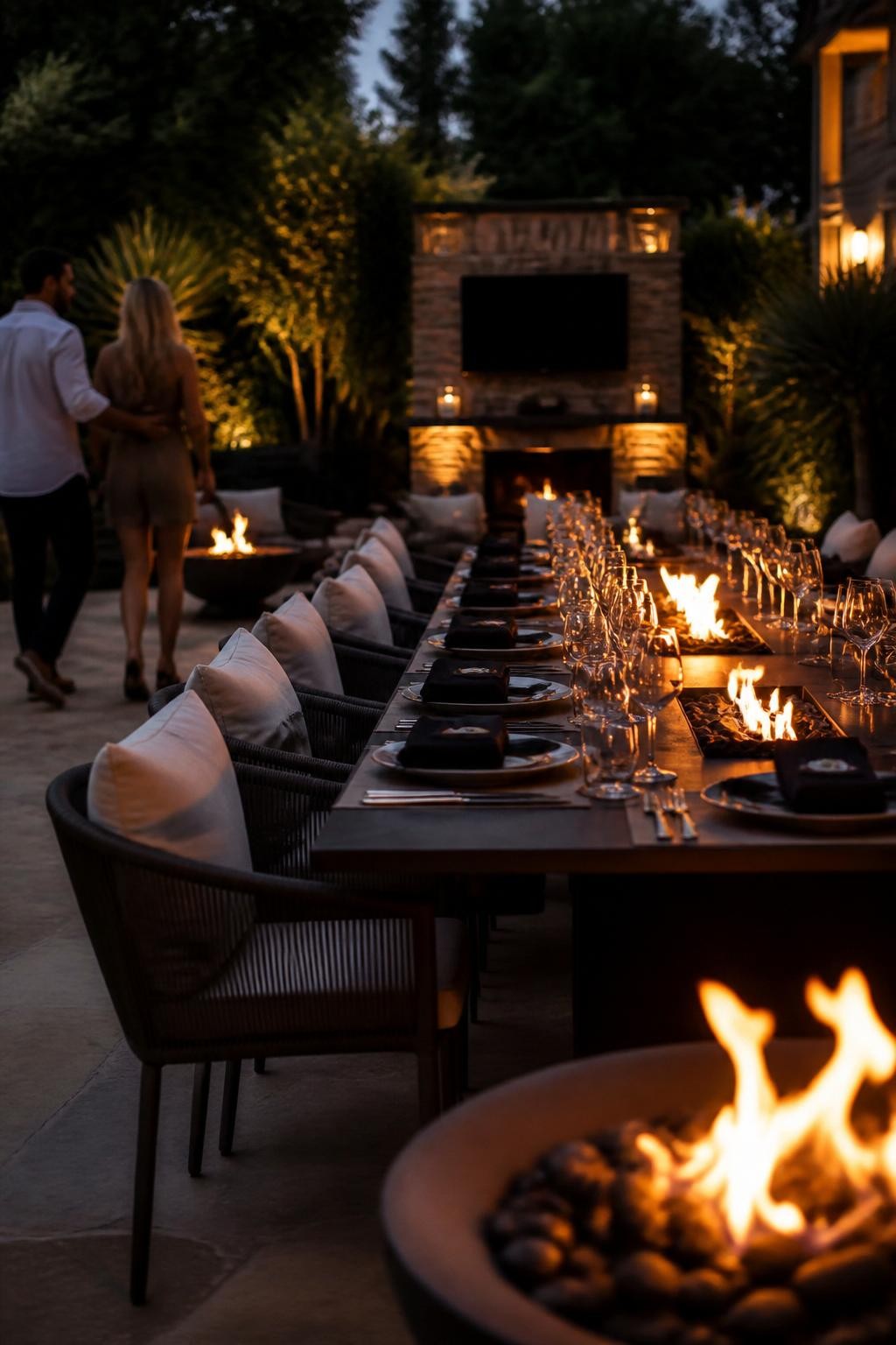 Image Prompt:
A realistic DSLR photo of an evening outdoor hibachi party with a long dining table, small fire bowls nearby, layered lighting, neutral cushions, black table details, and a couple of guests walking past softly out of focus, atmospheric backyard entertaining style.