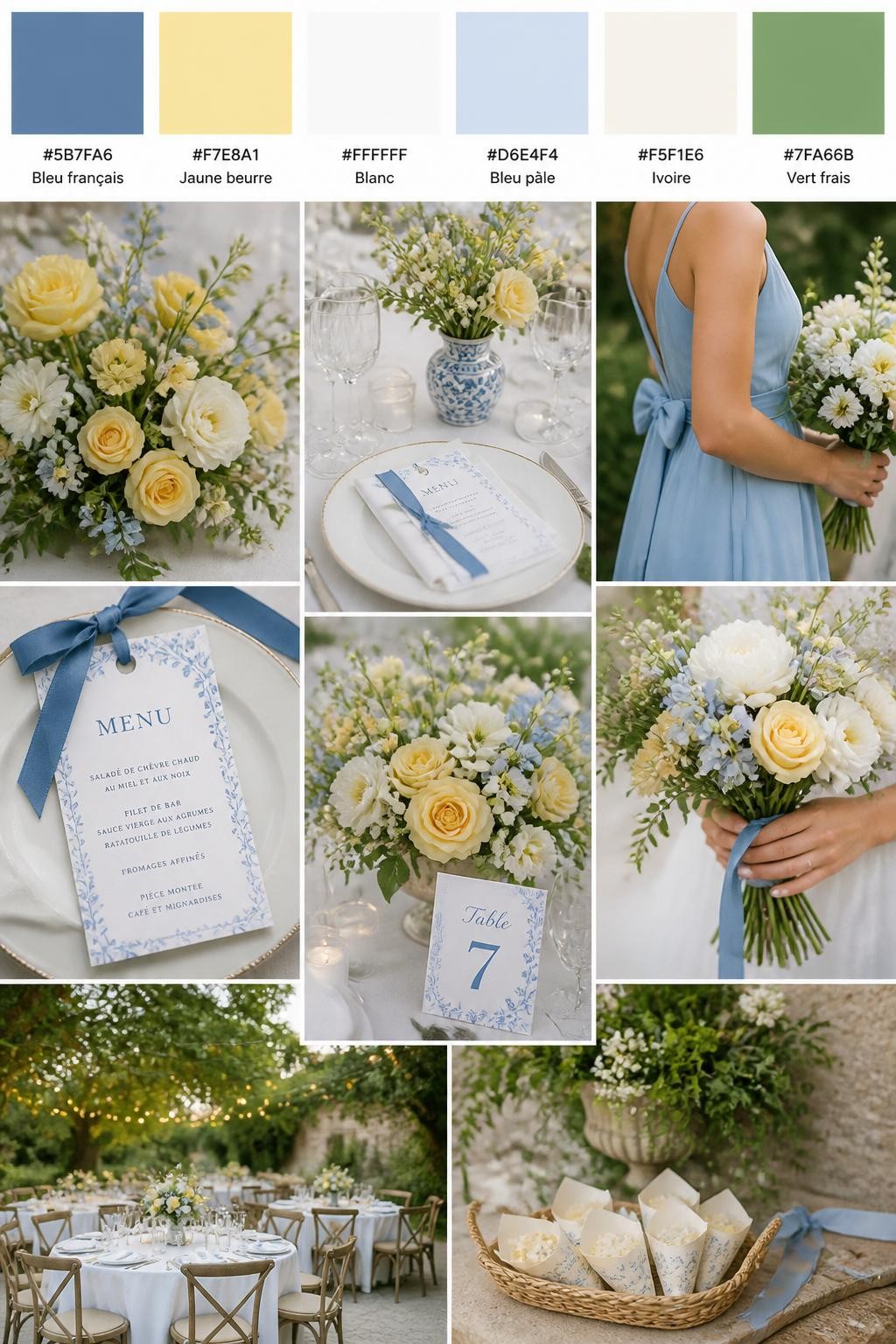 Image Prompt:
A realistic wedding mood board in a Pinterest-style collage layout. Add a top strip of swatches with small hex codes in French blue, butter yellow, white, pale blue, ivory, and fresh green. Below, create a cheerful romantic collage with soft yellow flowers, French blue ribbon, white table decor, menu cards, bouquet close-ups, a side-view body detail of a bridesmaid dress with no face shown, hands holding flowers, and no-people garden reception styling under soft natural light. Avoid clear faces completely by using cropped, turned-away, or detail-only compositions. DSLR-style realism, 9:16 vertical format. (no watermarks on images)