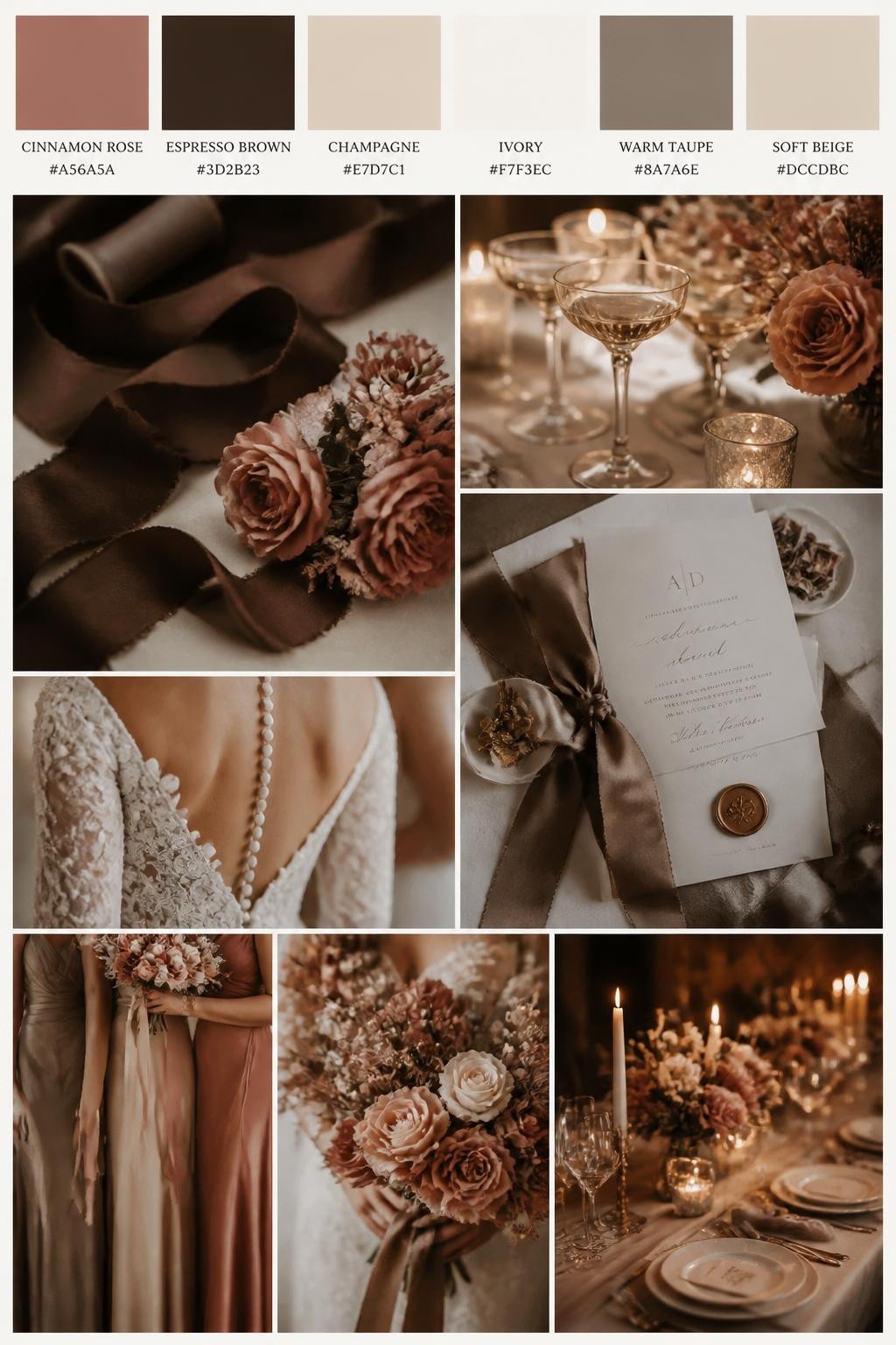 Image Prompt:
A realistic cinnamon rose wedding color palette mood board with a top strip of swatches and small hex codes in cinnamon rose, espresso brown, champagne, ivory, warm taupe, and soft beige. Below, show a cohesive collage of espresso ribbon, cinnamon rose flowers, champagne glassware, stationery with silk ribbon, a back-view bridal detail, cropped bridesmaid dress fabric shots, hands-only bouquet styling, and a romantic reception table under warm glowing light. Keep faces out of frame using side angles, back views, close-up crops, and no-people scenes. The overall mood should feel warm, rich, elegant, and romantic with realistic DSLR photo quality. 9:16 vertical format. (no watermarks on images)