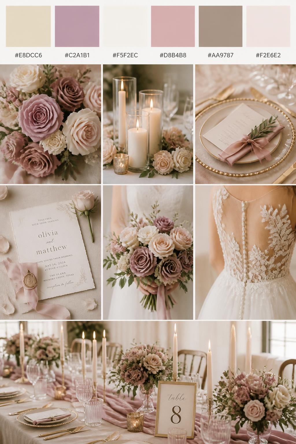 Image Prompt:
A realistic wedding color scheme mood board with a top swatch strip and small hex codes in champagne, mauve, cream, dusty rose, warm taupe, and pale blush. Below, create a soft romantic collage of mauve flowers, cream candles, champagne table details, airy invitations, hands holding a bouquet, a back-view bridal detail, and a no-people reception table with gentle floral styling. Use no clear faces and mix detail shots with no-people decor images for variety. The mood should feel warm, soft, and romantic with soft natural light and DSLR-style realism. 9:16 vertical format. (no watermarks on images)