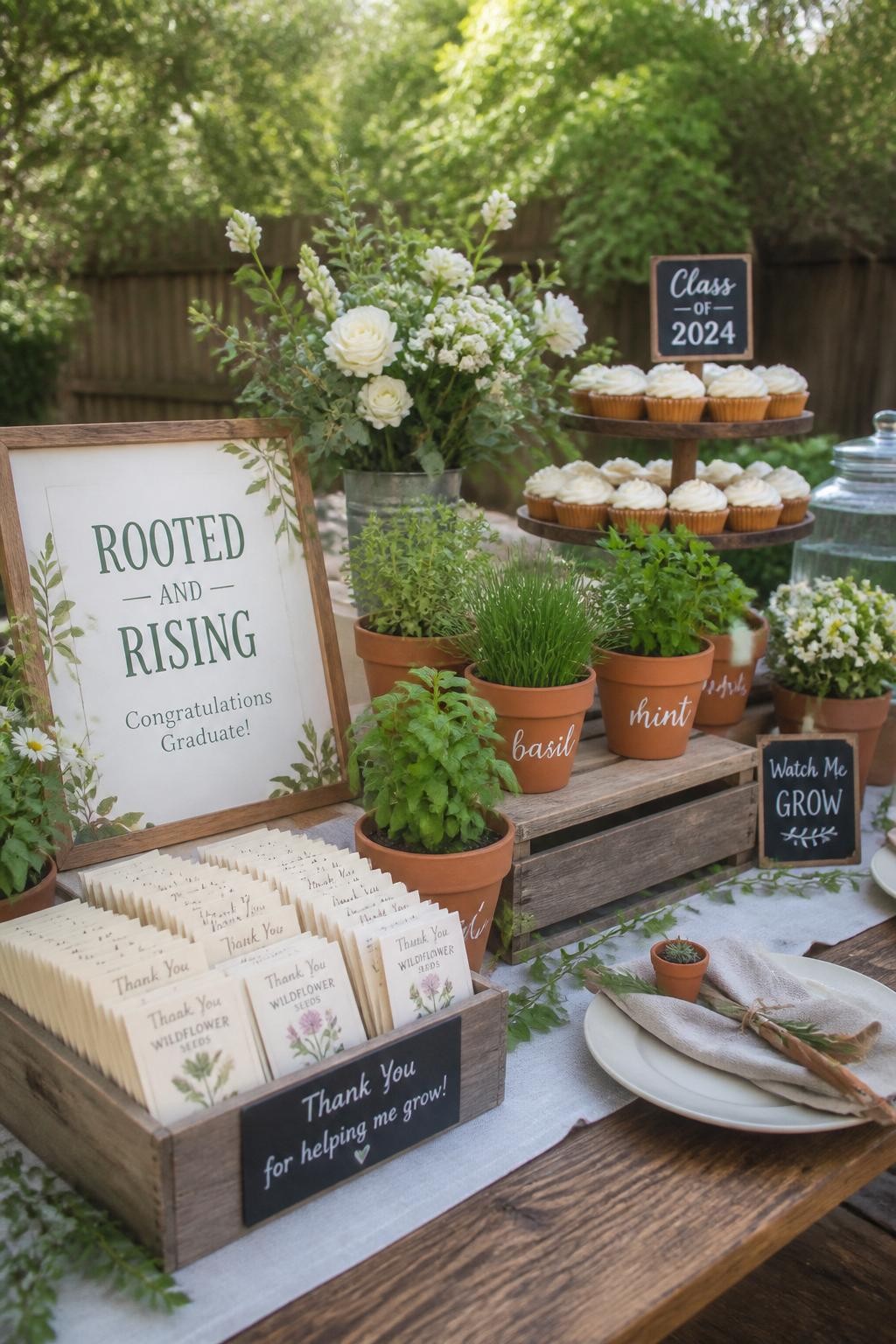 A realistic DSLR photo of a rustic garden-themed graduation party table with terracotta pots, small herbs, seed packet favors, wooden signs, fresh flowers, linen napkins, cupcakes, and a “Rooted And Rising” sign, no people, soft daylight, natural backyard party styling.