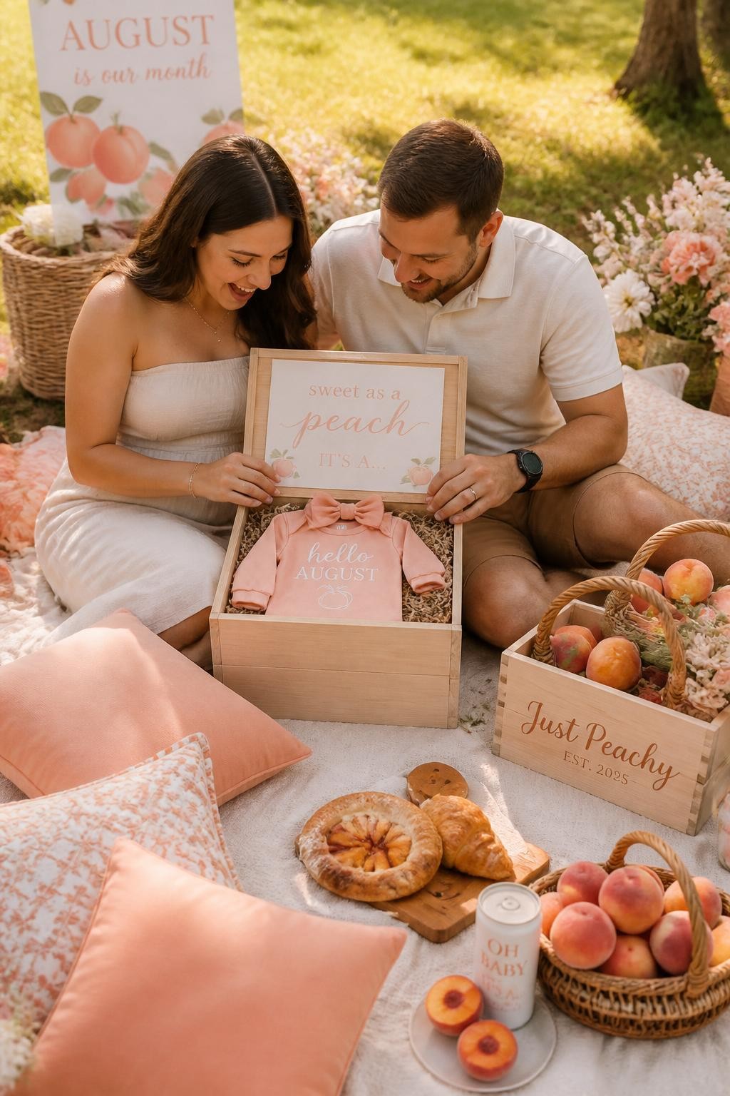A realistic editorial photo of a peach-themed August gender reveal picnic, cream blanket, woven baskets, wooden peach crates, soft pillows, fresh peaches, pastries, parents opening one crate to reveal a folded baby outfit and message card, golden outdoor light, cozy summer picnic styling