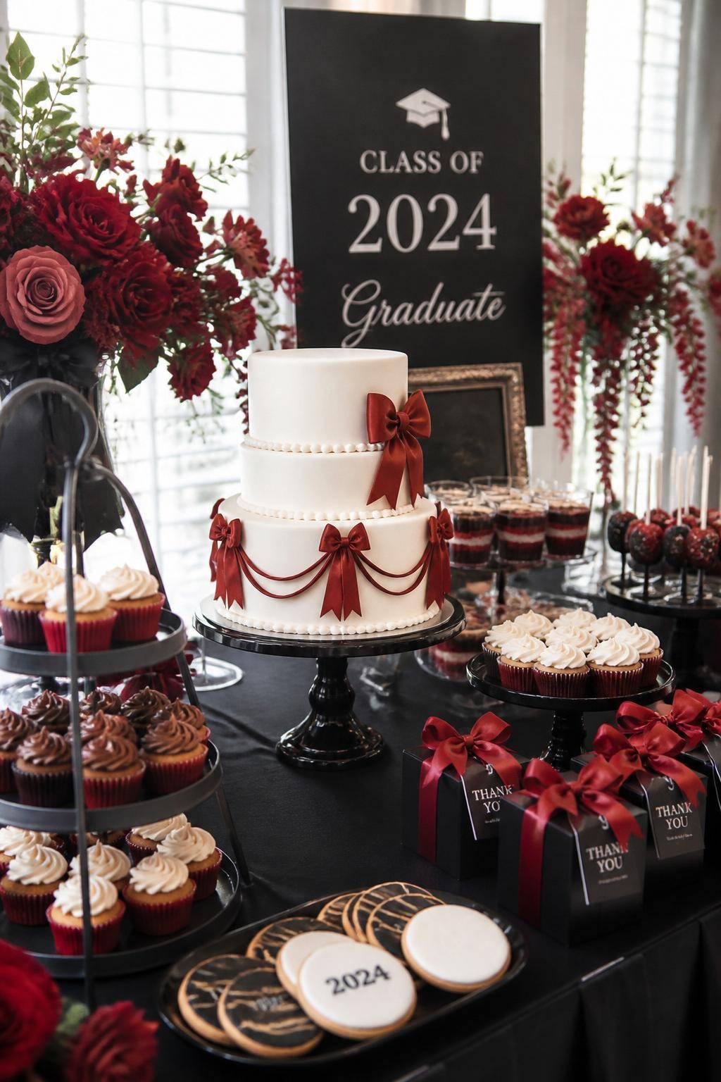 Image prompt: A realistic DSLR photo of a red and black graduation dessert table styled with black satin bows, a white cake with deep red bow details, cupcakes, cookies, layered dessert stands, red florals, ribbon-tied favor boxes, and soft natural light, no people, modern editorial party styling.